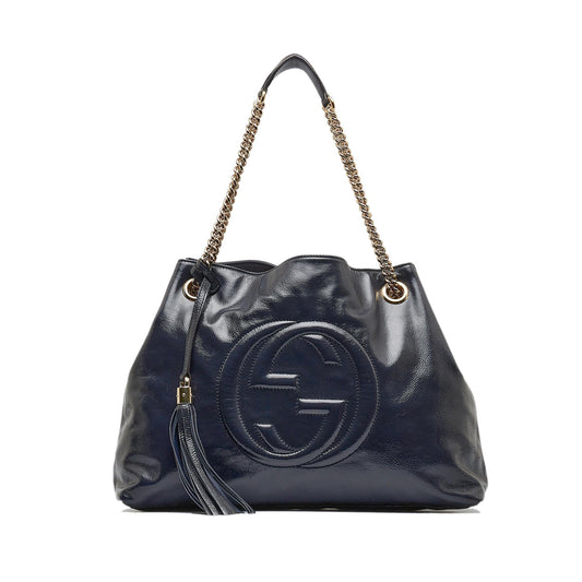 Gucci Soho Chain SHG-ln0QMk Leather Patent Blue Medium Tote Bag