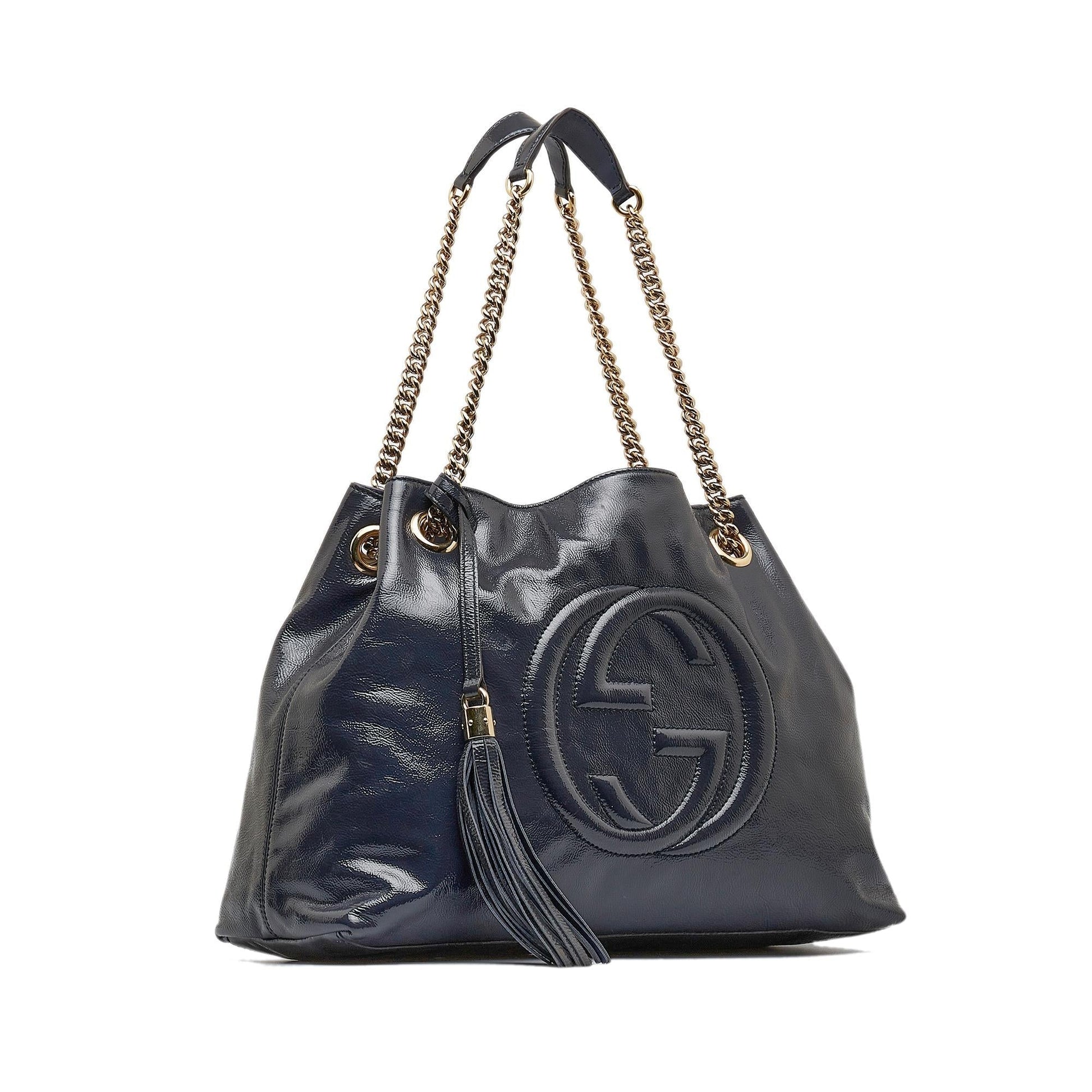 Gucci Soho Chain SHG-ln0QMk Leather Patent Blue Medium Tote Bag