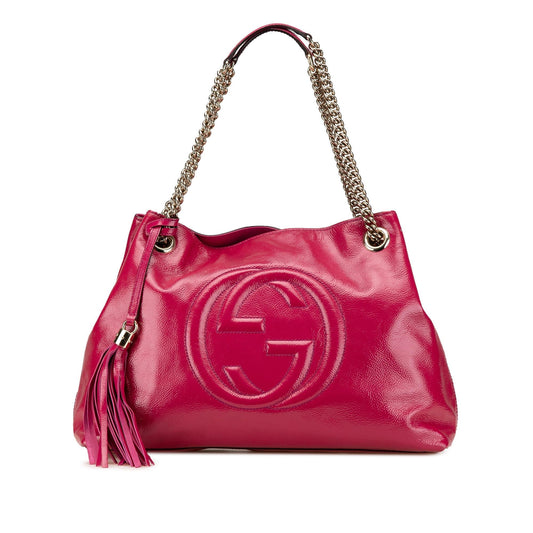Gucci Soho Chain Leather Patent Pink Medium Tote Bag Chain Tote
