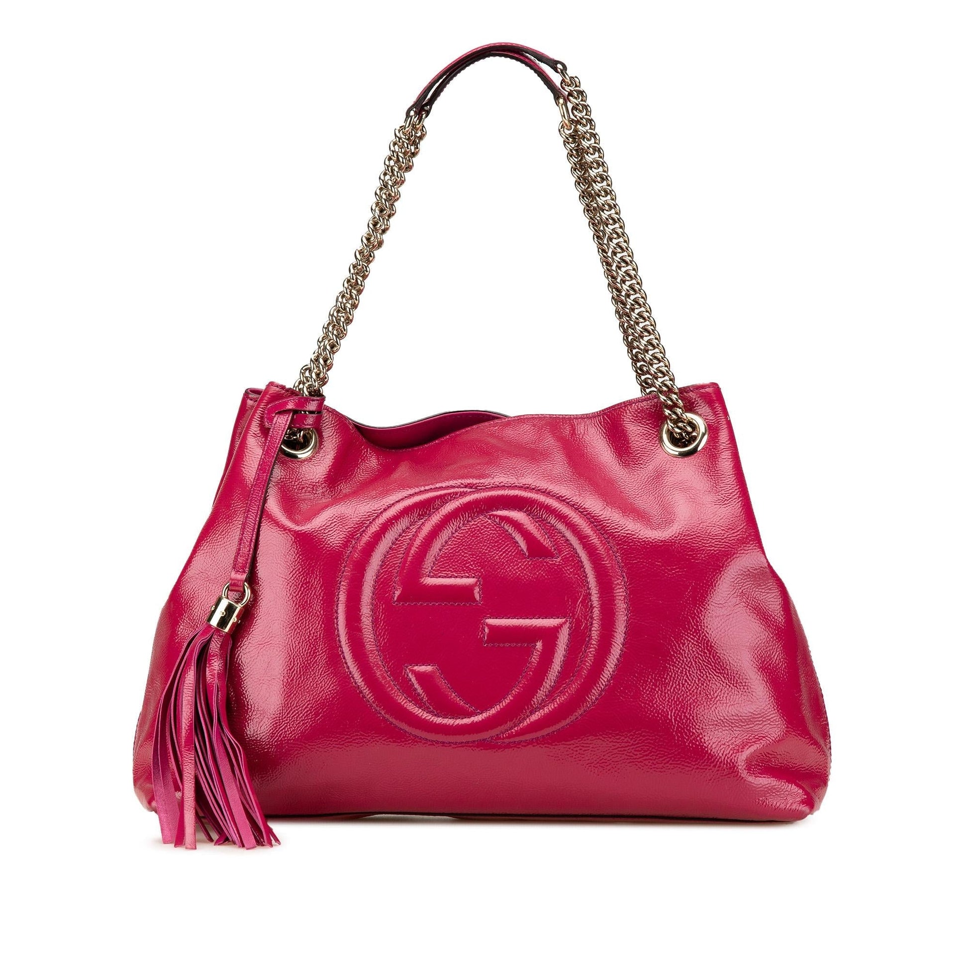 Gucci Soho Chain Leather Patent Pink Medium Tote Bag