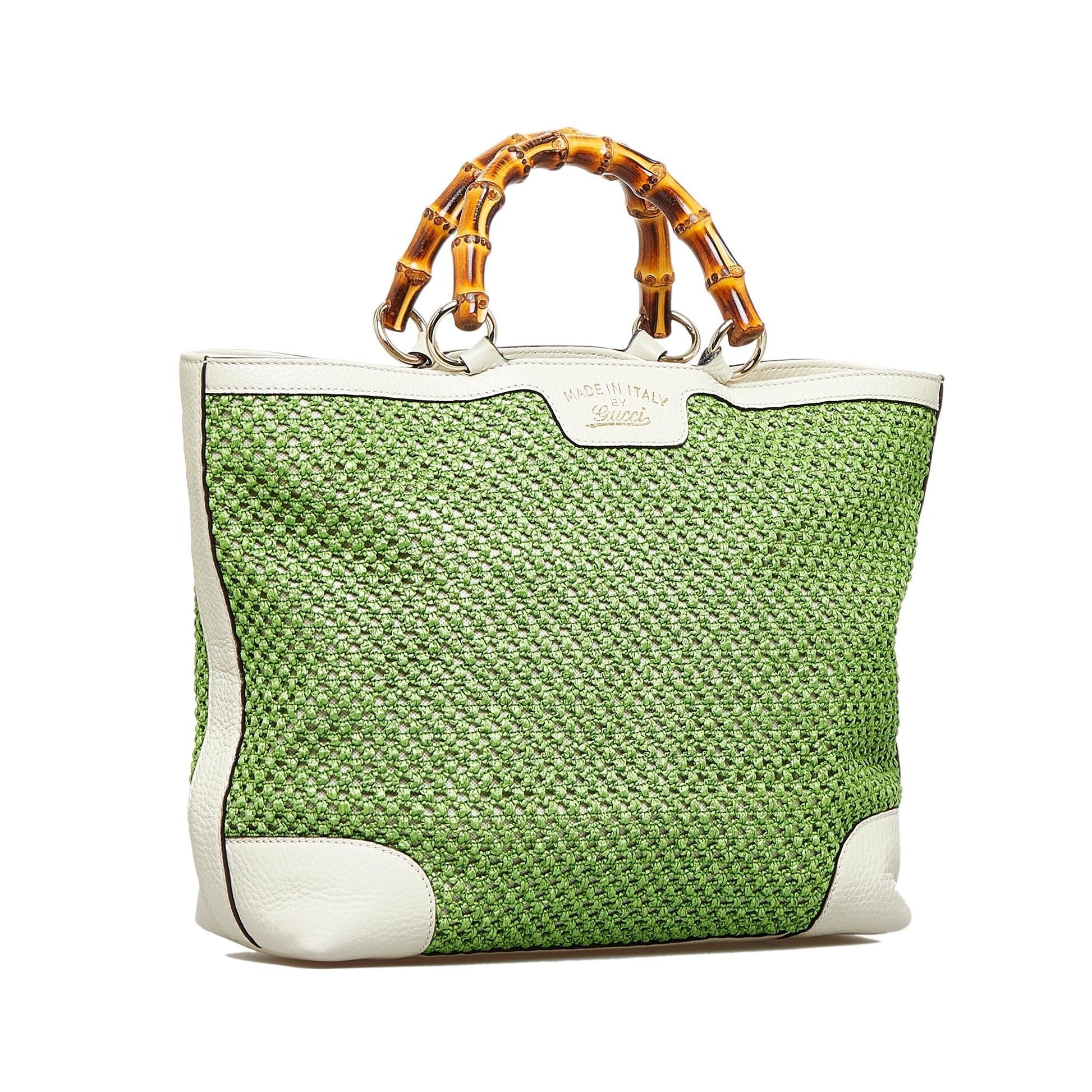 Gucci Bamboo Shopper SHG-Po0R3i Raffia Calf White Green Tote Bag