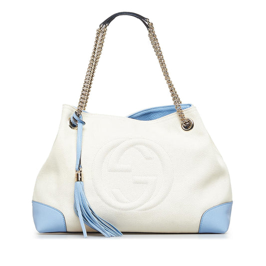 Gucci Soho SHG-F92qBE Canvas White Medium Chain Tote Bag