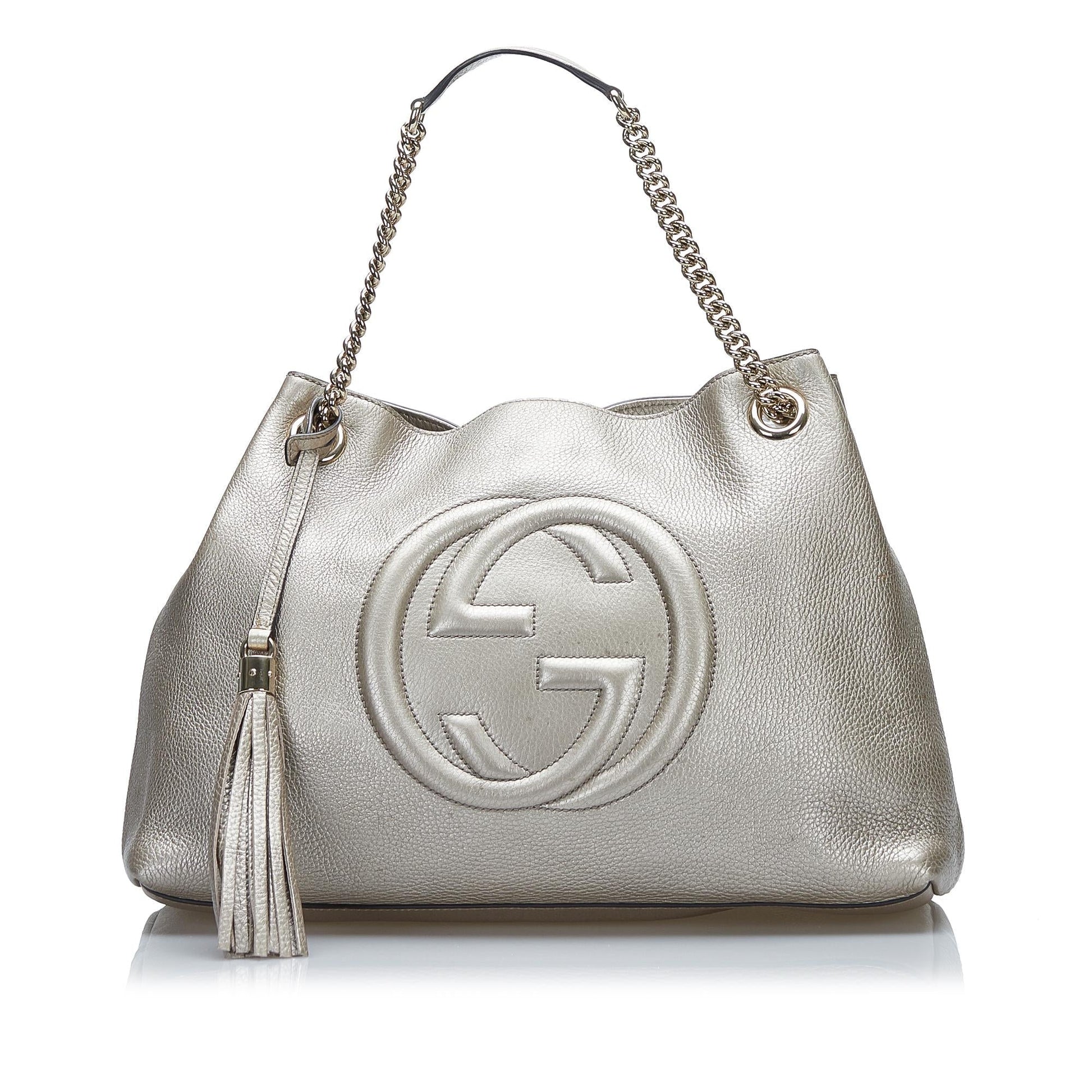 Gucci Soho SHG-F7uOCC Calf Silver Medium Chain Tote Bag