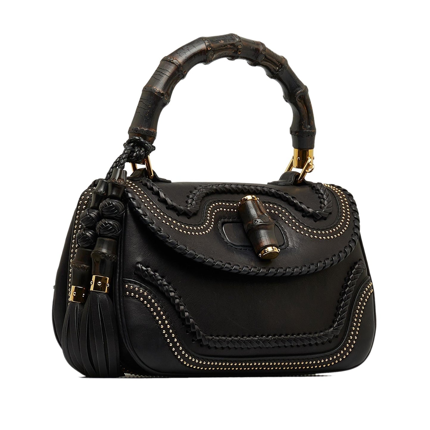Gucci Studded New Bamboo Tassel SHG-LOkrtI Calf Black Medium Satchel Bag