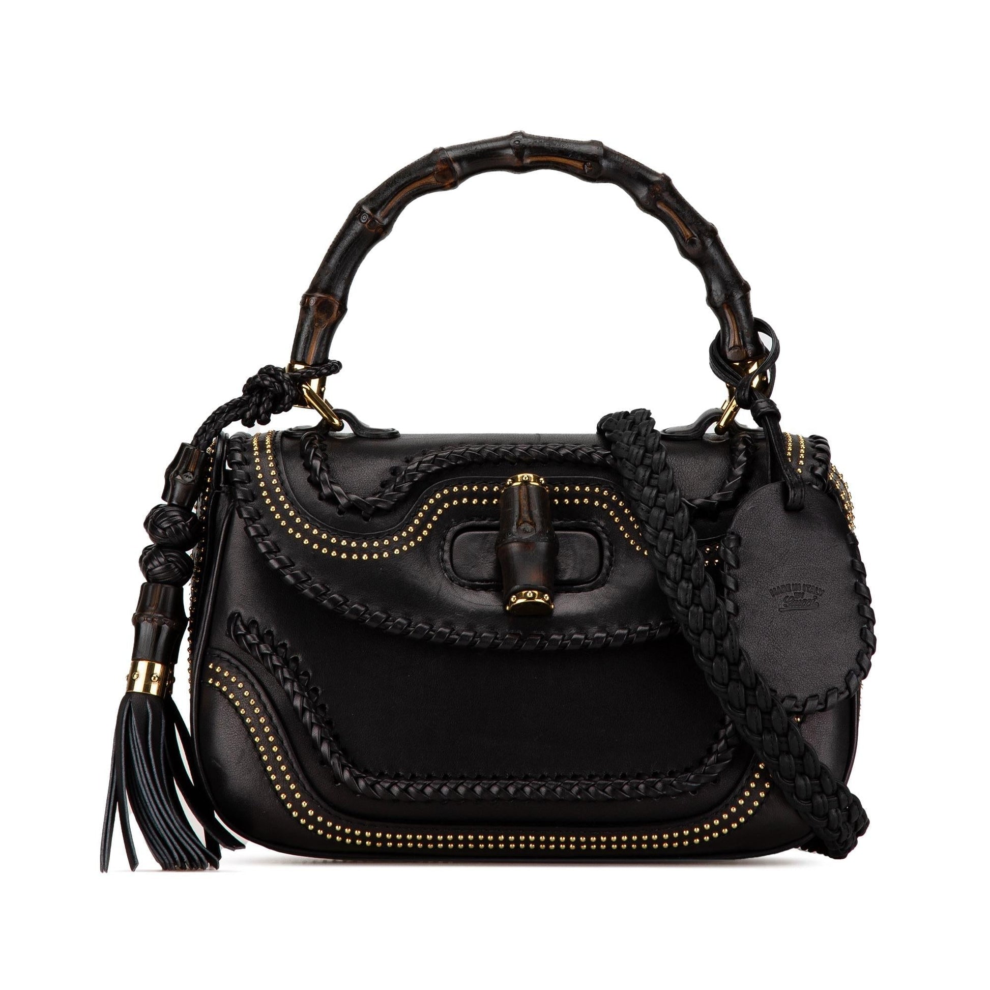 Gucci Studded New Bamboo Tassel SHG-QZ6Rq6 Calf Black Medium Satchel Bag