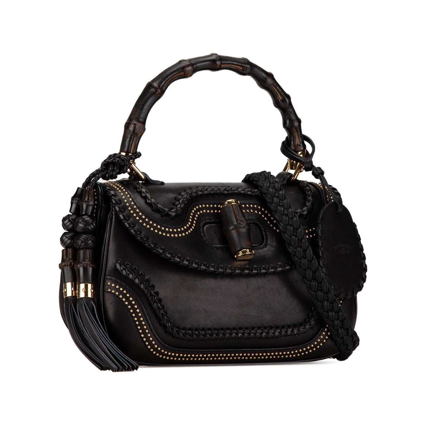 Gucci Studded New Bamboo Tassel SHG-QZ6Rq6 Calf Black Medium Satchel Bag