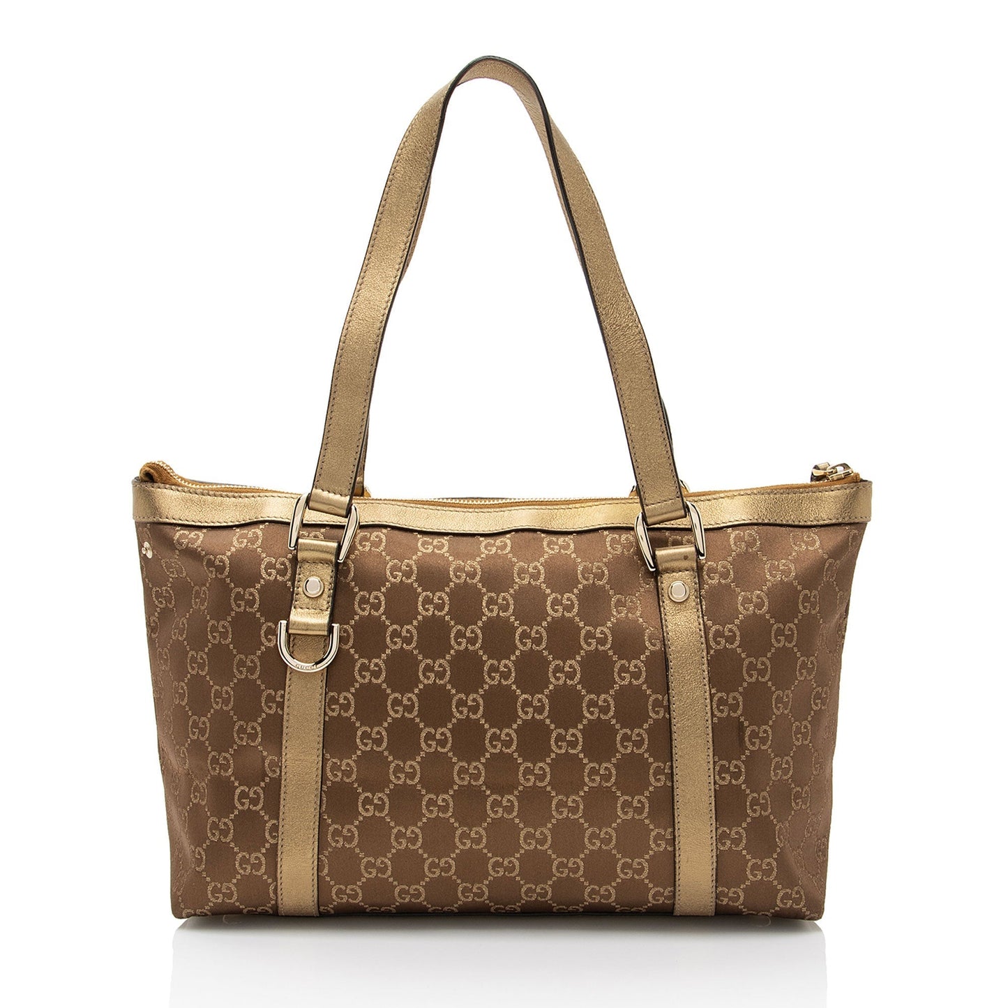 Gucci Metallic GG Abbey Leather Canvas Satin Brown Tote Bag