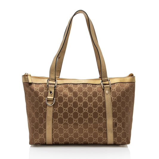 Gucci Metallic GG Abbey Leather Canvas Satin Brown Tote Bag