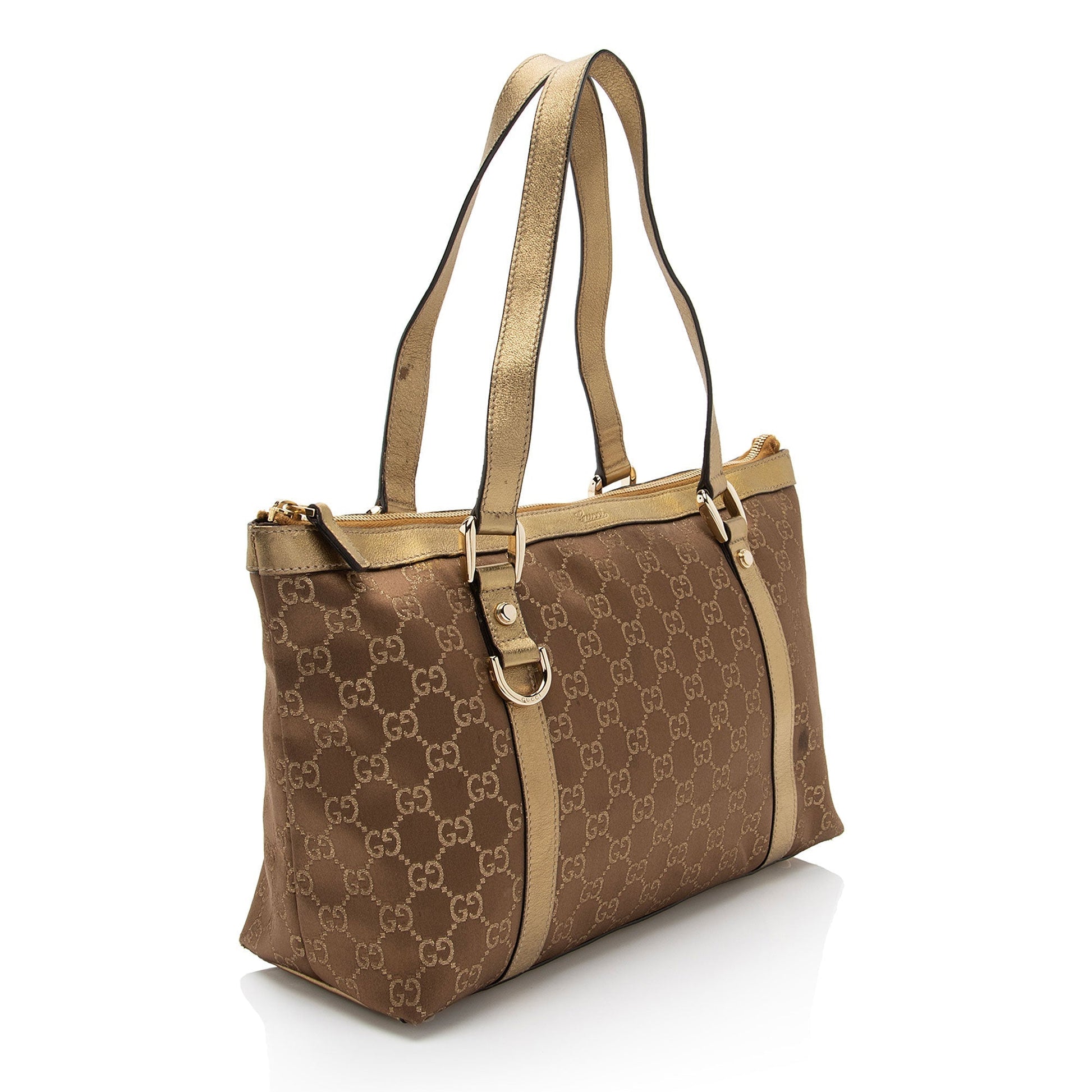 Gucci Metallic GG Abbey Leather Canvas Satin Brown Tote Bag