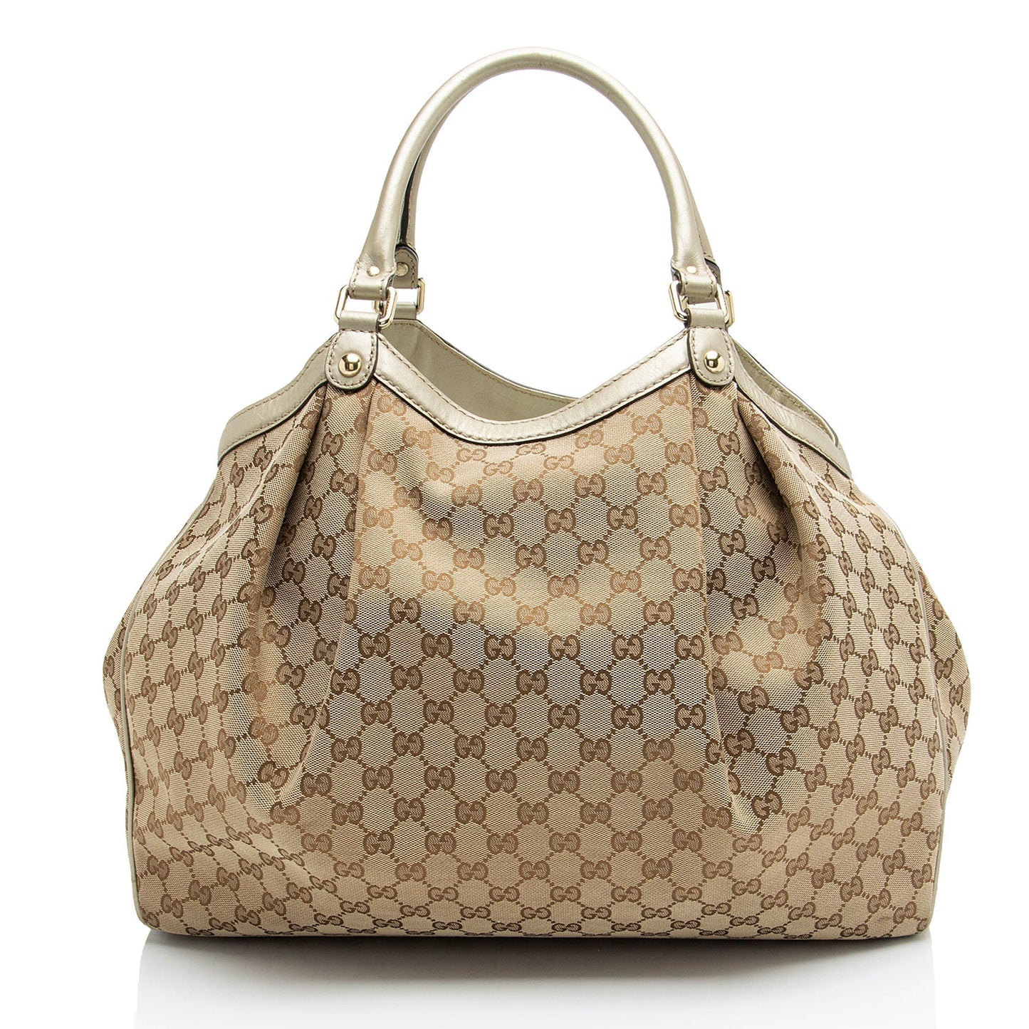 Gucci Metallic GG Sukey Leather Canvas Beige Gold Tote Bag