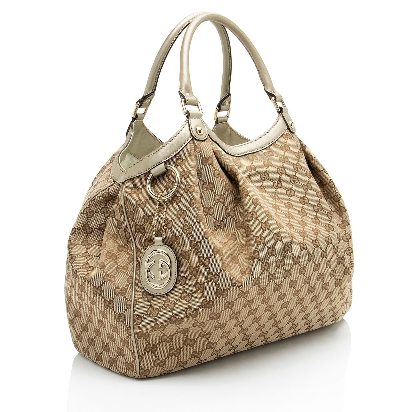 Gucci Metallic GG Sukey Leather Canvas Beige Gold Tote Bag