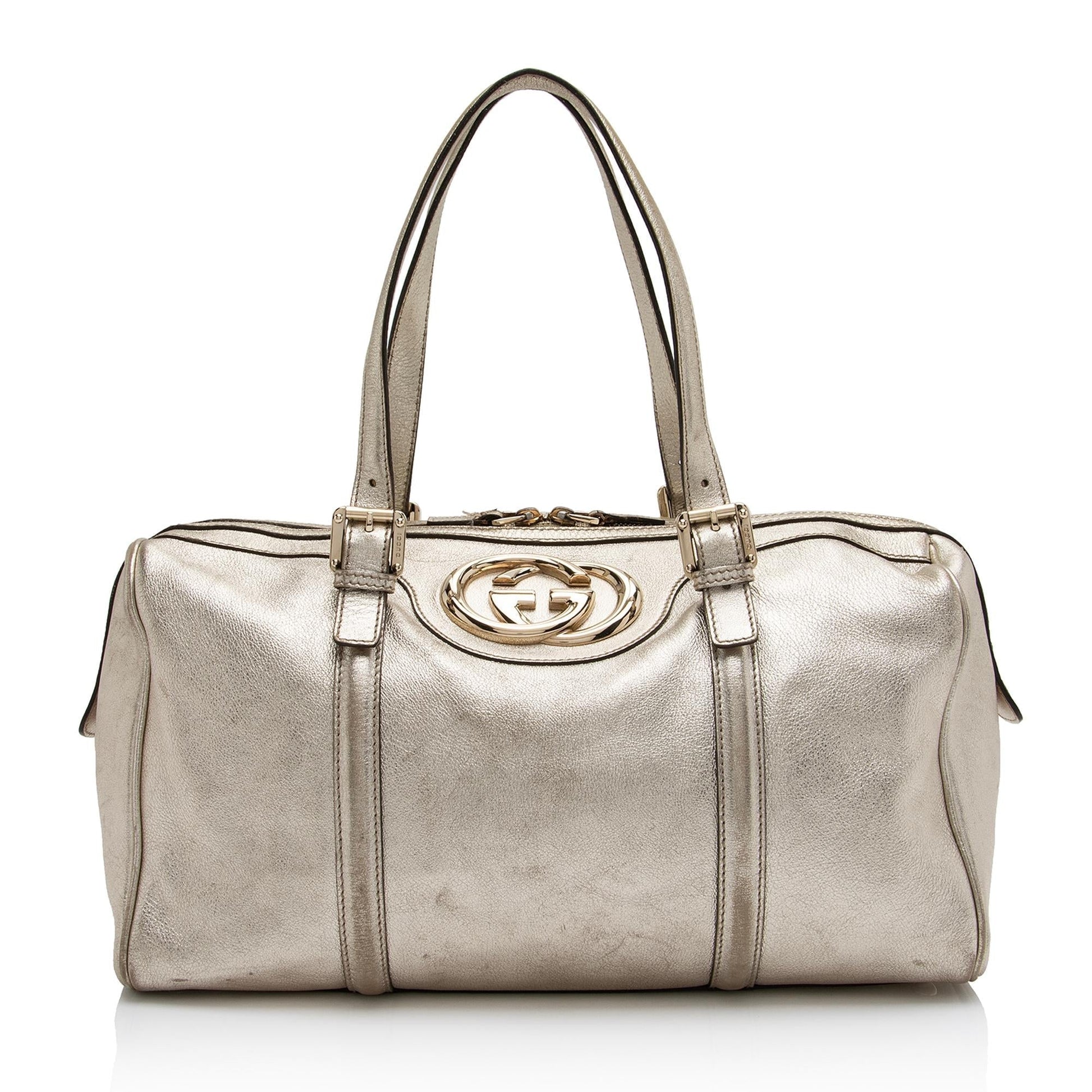 Gucci Metallic Britt Boston SHF Leather Gold Medium Satchel Bag