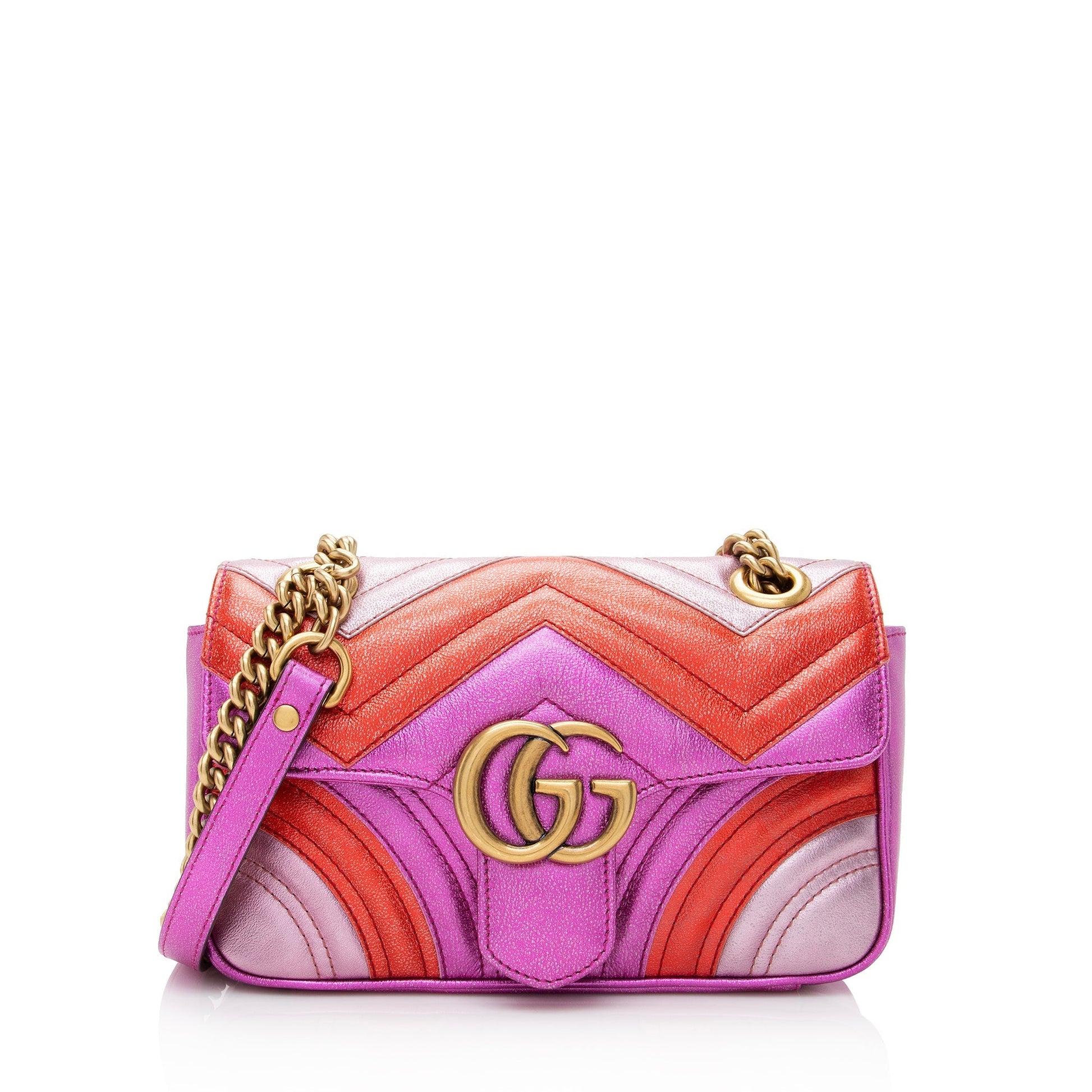 Gucci Metallic GG Marmont SHF Matelasse Leather Red Pink Crossbody Bag