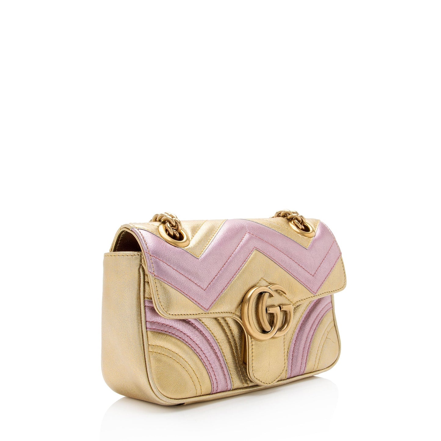 Gucci Metallic GG Marmont Flap SHF-6l0XWs Matelasse Leather Pink Gold Crossbody Bag