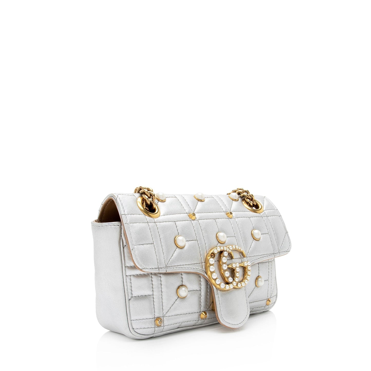 Gucci Metallic Pearl GG Marmont Flap Matelasse Leather Silver Mini Crossbody Bag