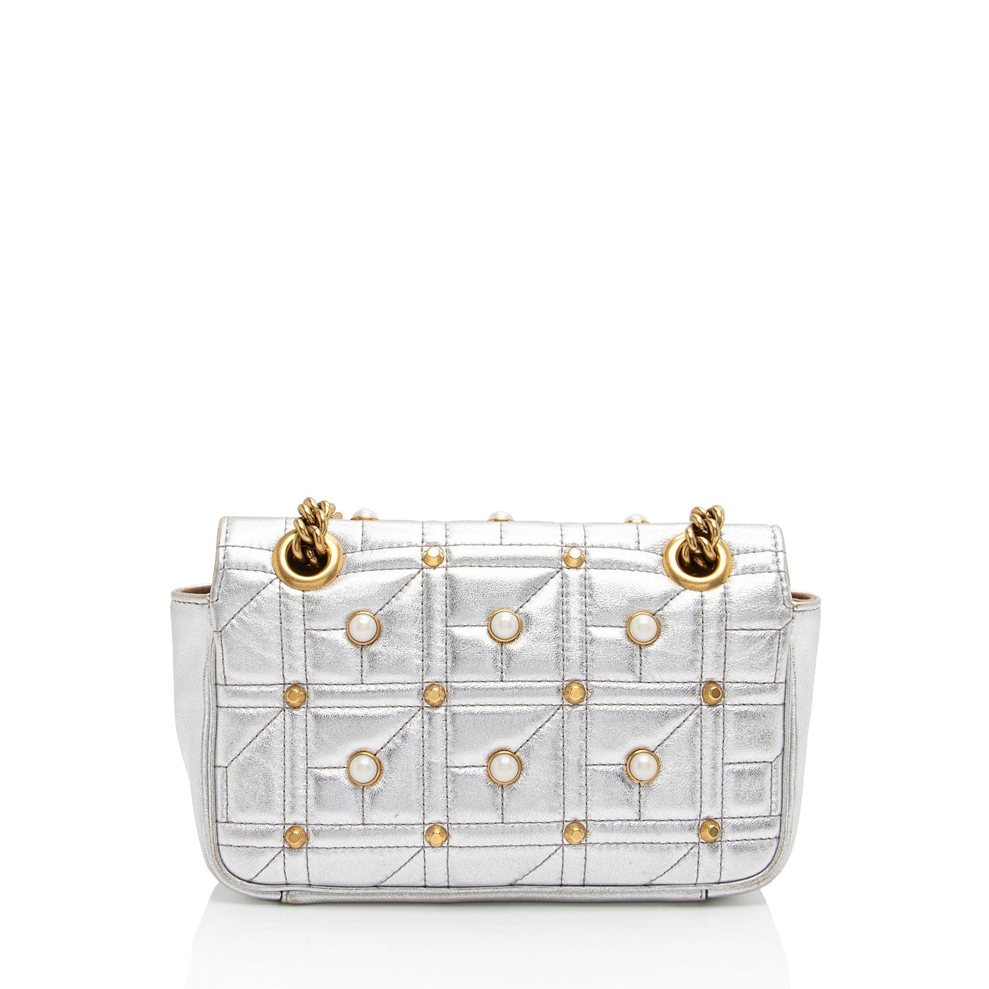 Gucci Metallic Pearl GG Marmont Flap Matelasse Leather Silver Mini Crossbody Bag Shf Pmv358