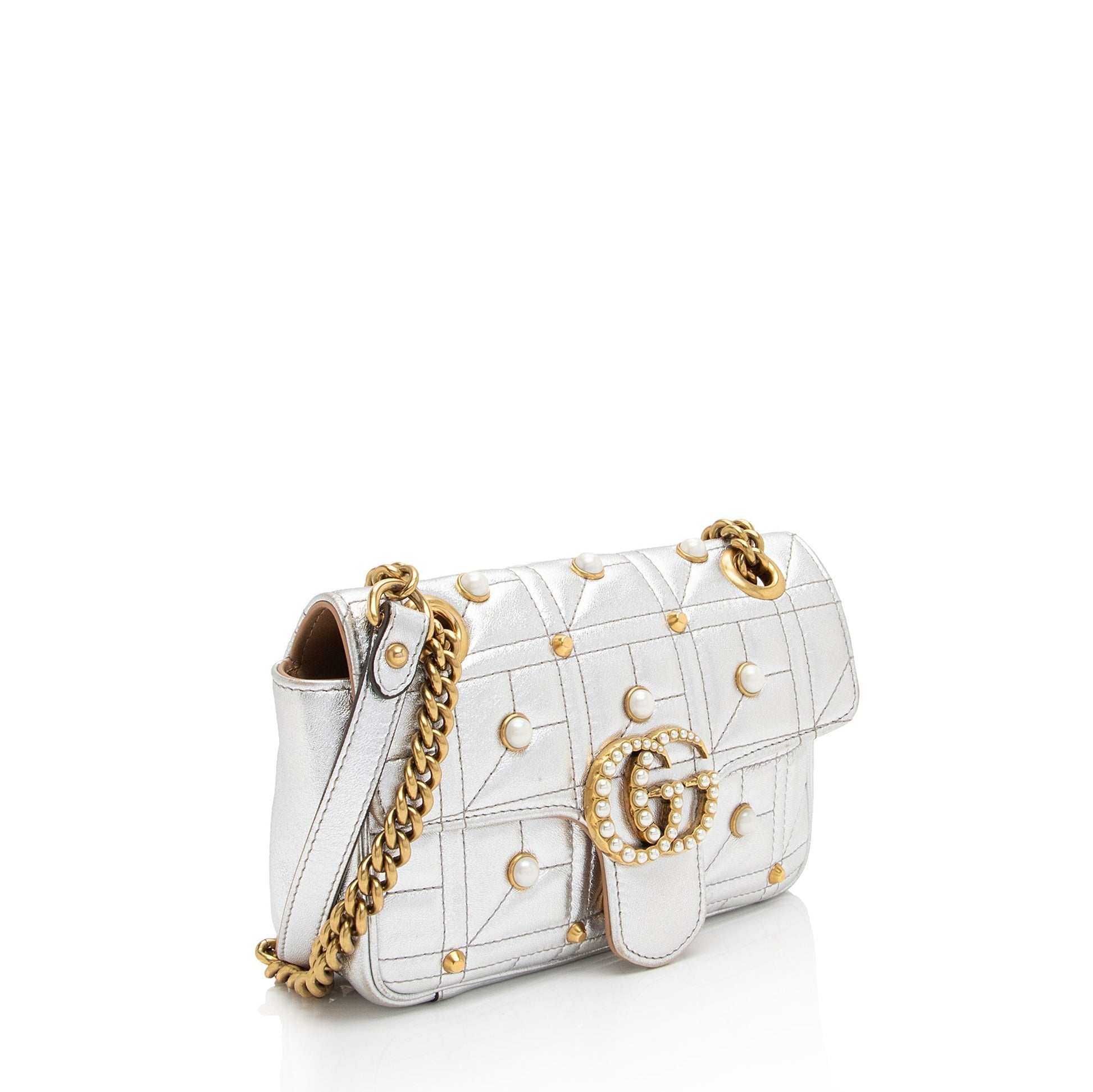 Gucci Metallic Pearl GG Marmont Flap Matelasse Leather Silver Mini Crossbody Bag Shf Pmv358