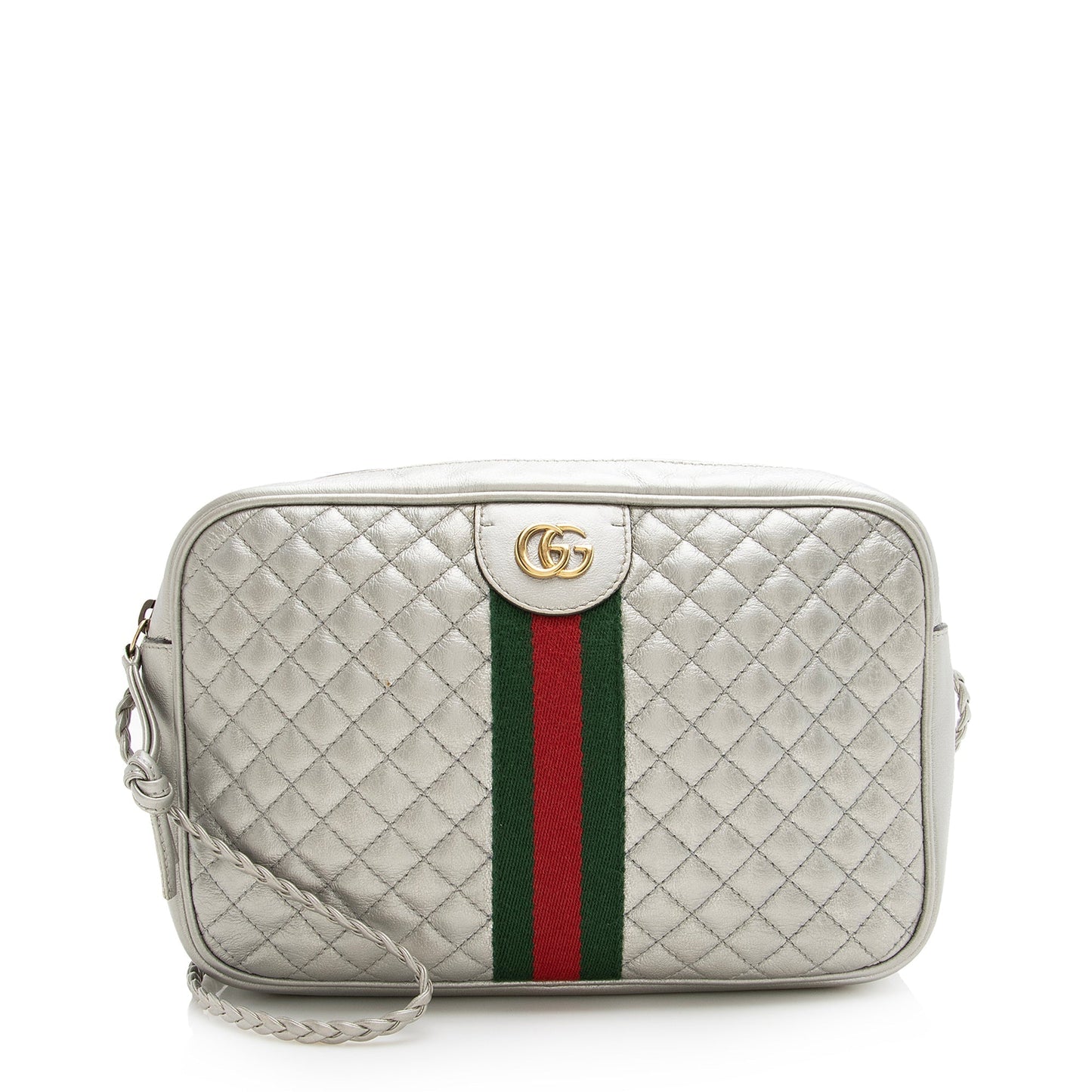 Gucci Metallic Web Trapuntata SHF Quilted Leather Nylon Silver Crossbody Bag