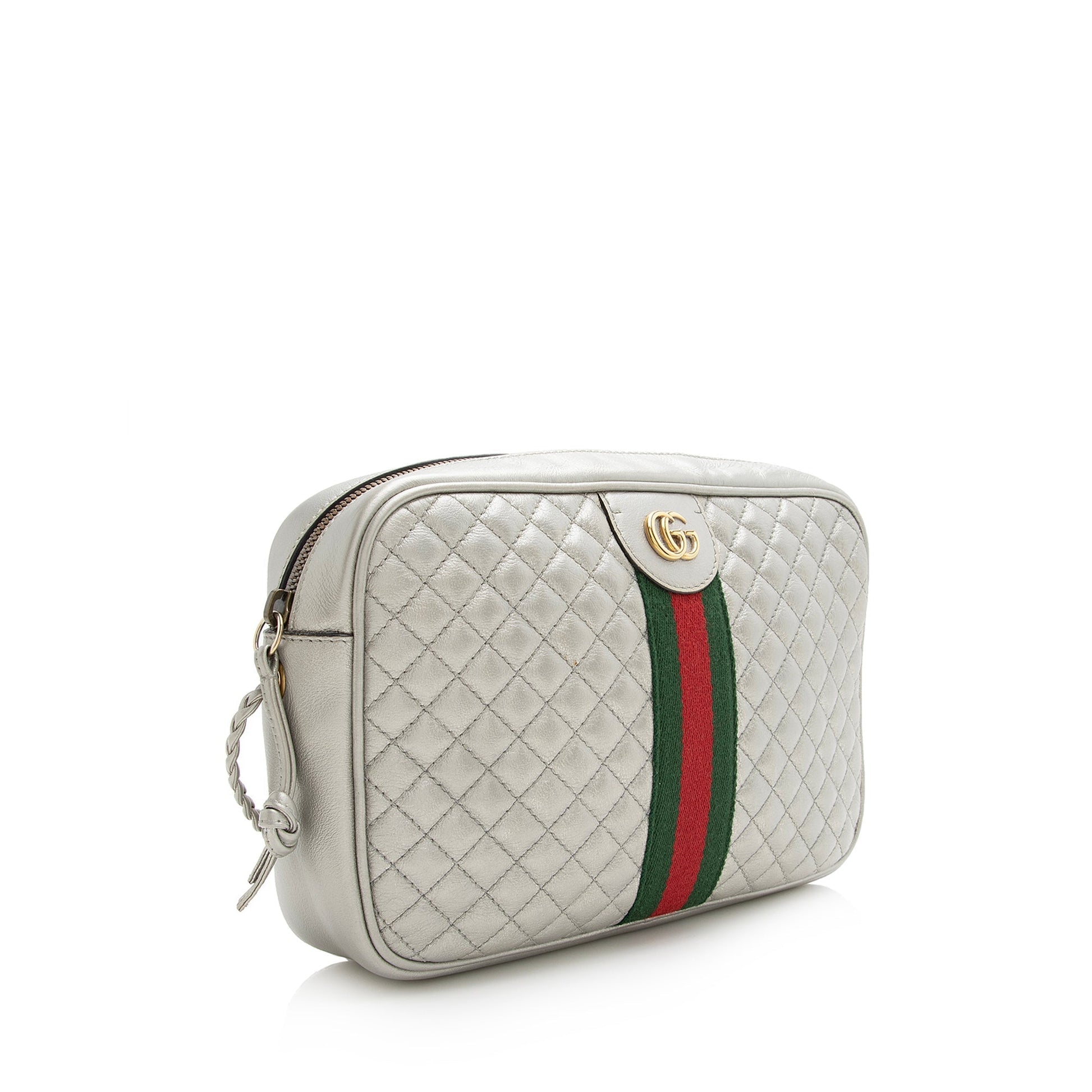 Gucci Metallic Web Trapuntata SHF Quilted Leather Nylon Silver Crossbody Bag