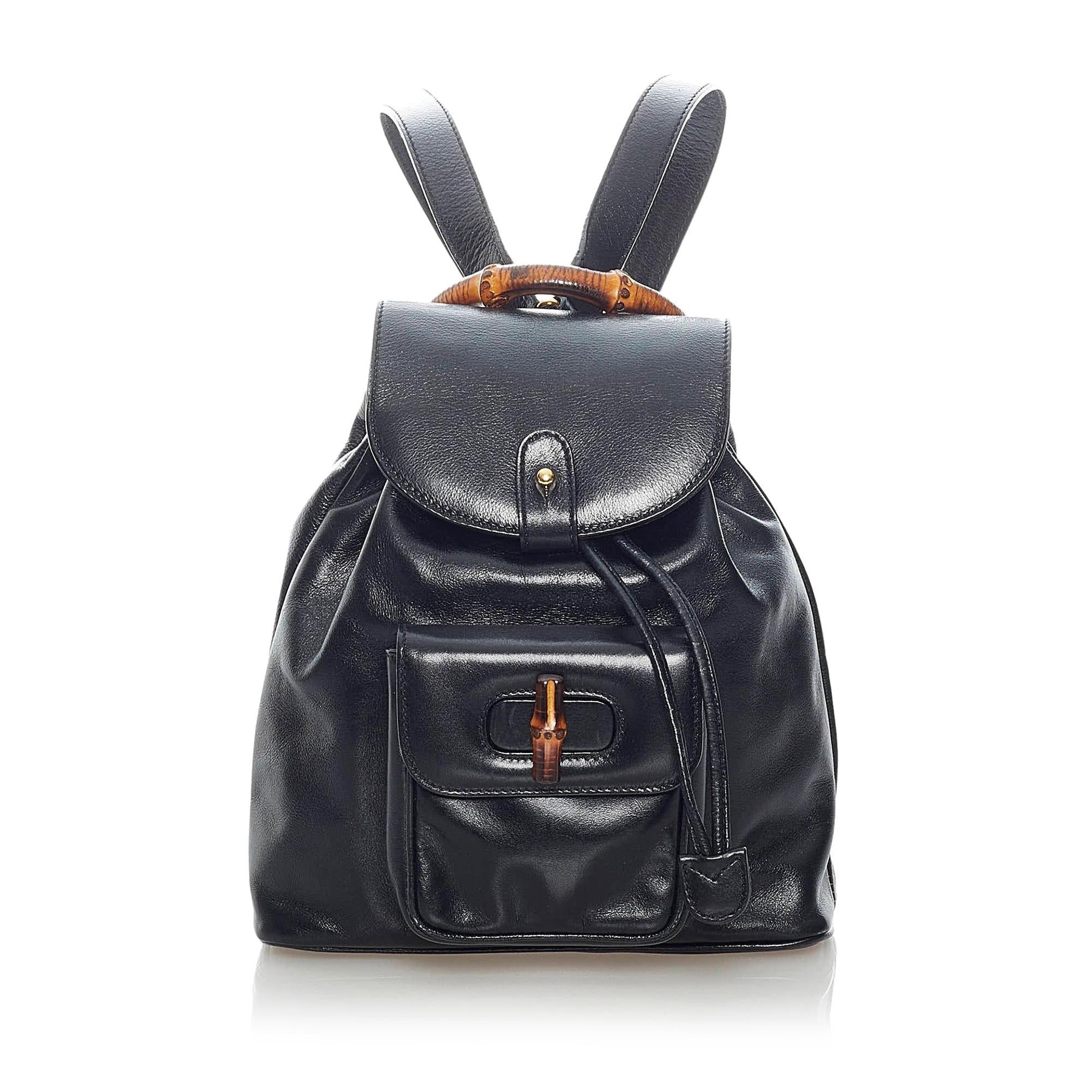 Gucci Bamboo Drawstring Backpack SHG Leather Calf Black Mini Jewelry