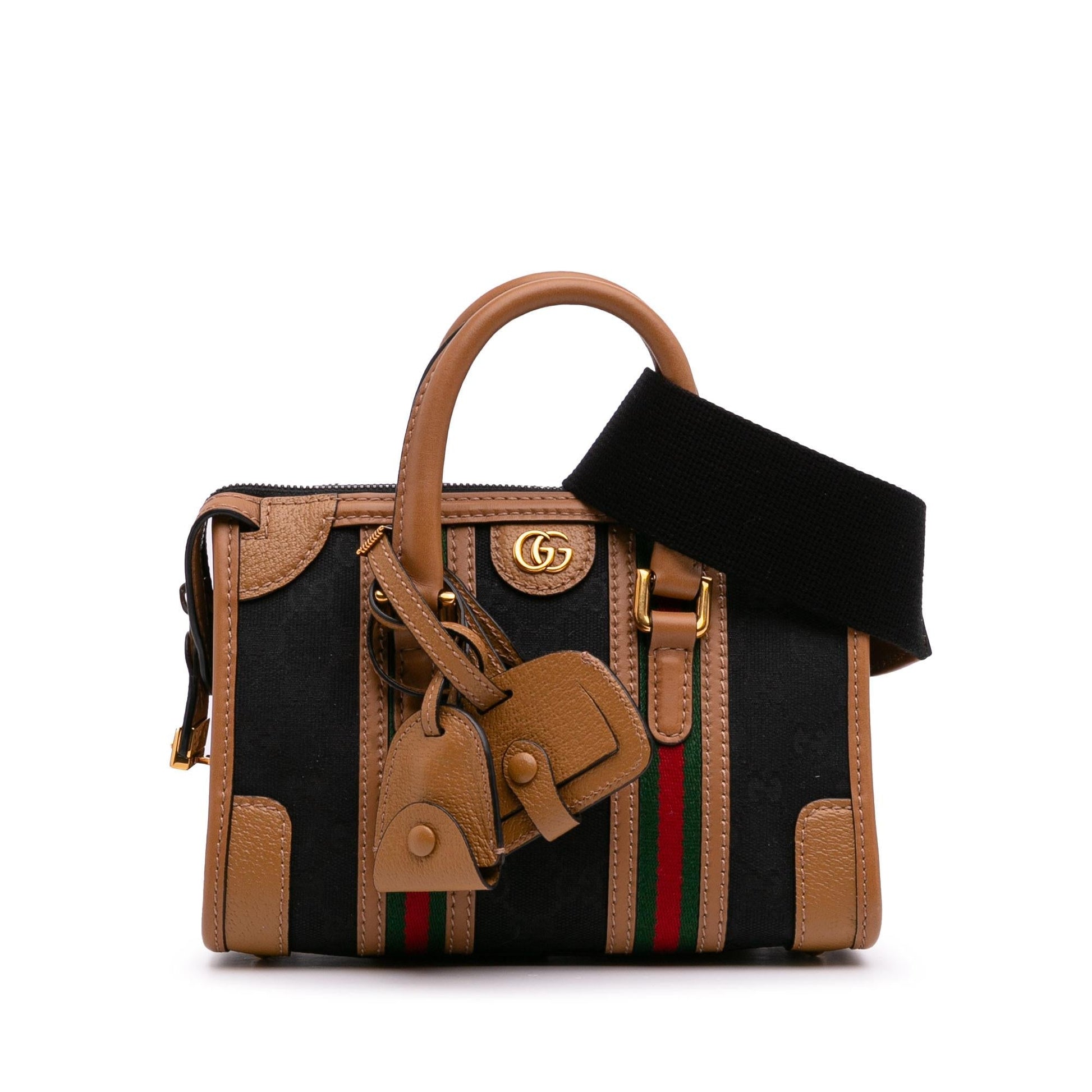 Gucci GG Web Bauletto Top Handle Canvas Calf Black Brown Satchel Bag