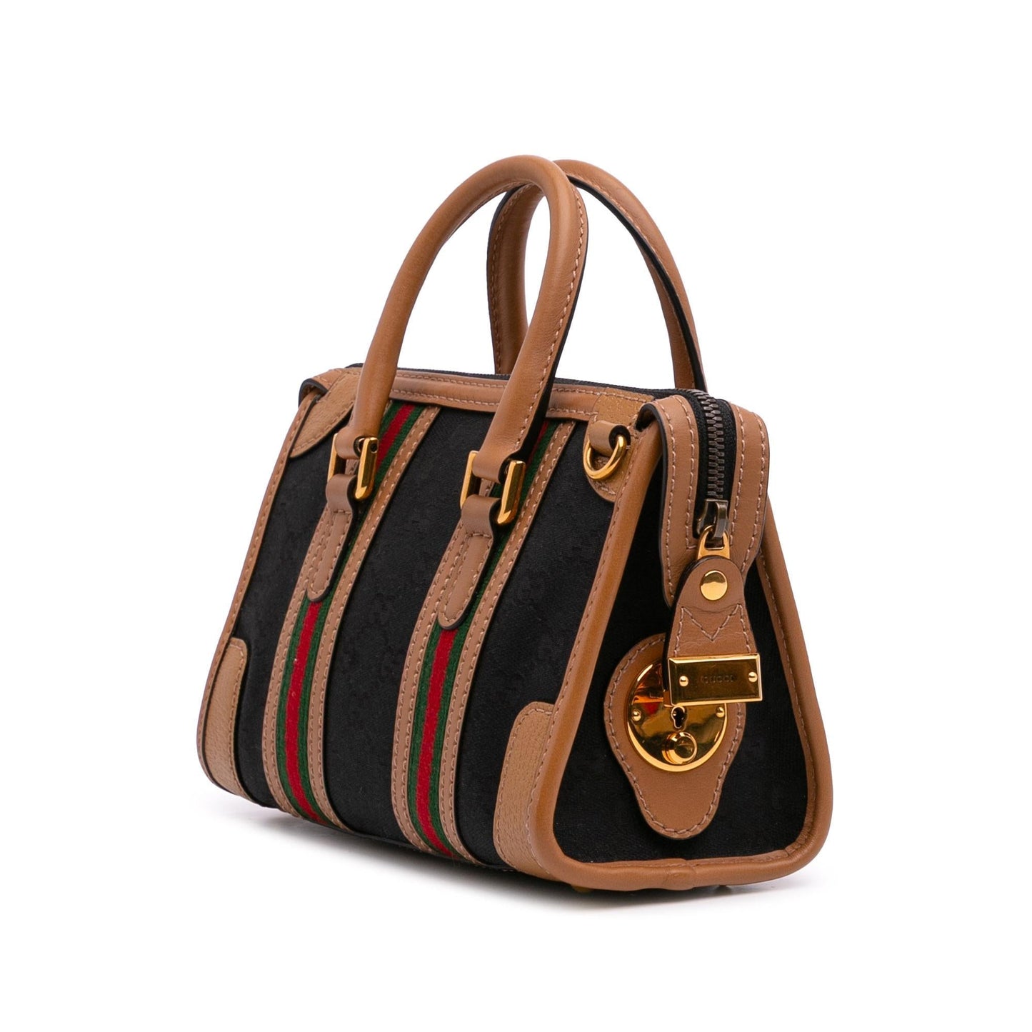 Gucci GG Web Bauletto Top Handle Canvas Calf Black Brown Satchel Bag