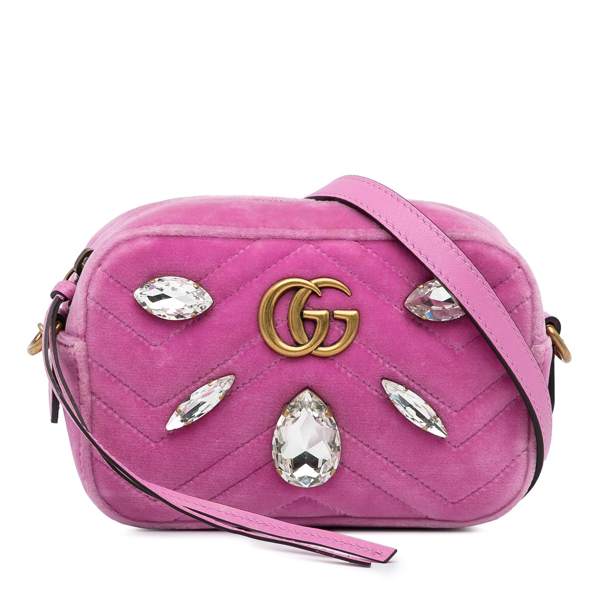 Gucci GG Marmont Crystal Embellished Velvet Pink Mini Crossbody Bag