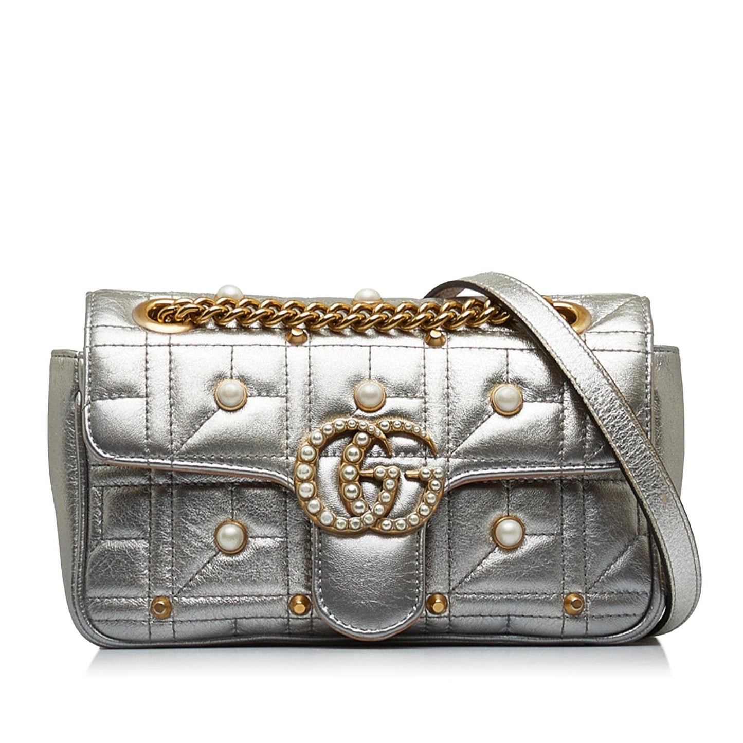 Gucci GG Marmont Pearl SHG-NtkRNe Matelasse Calf Silver Mini Crossbody Bag