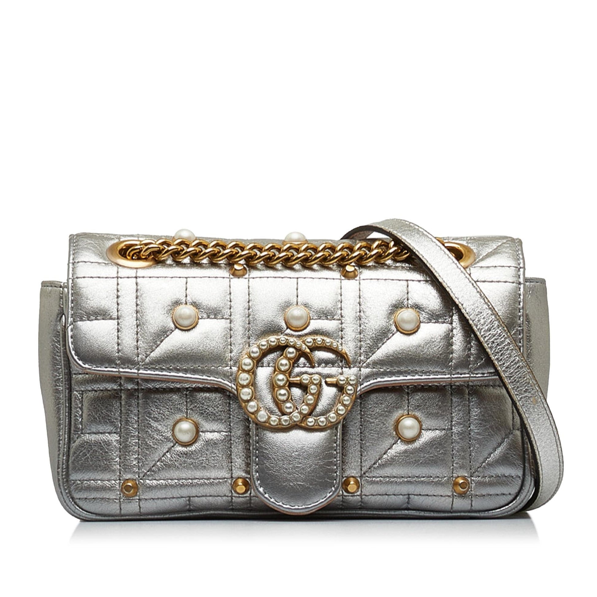 Gucci GG Marmont Pearl SHG-NtkRNe Matelasse Calf Silver Mini Crossbody Bag