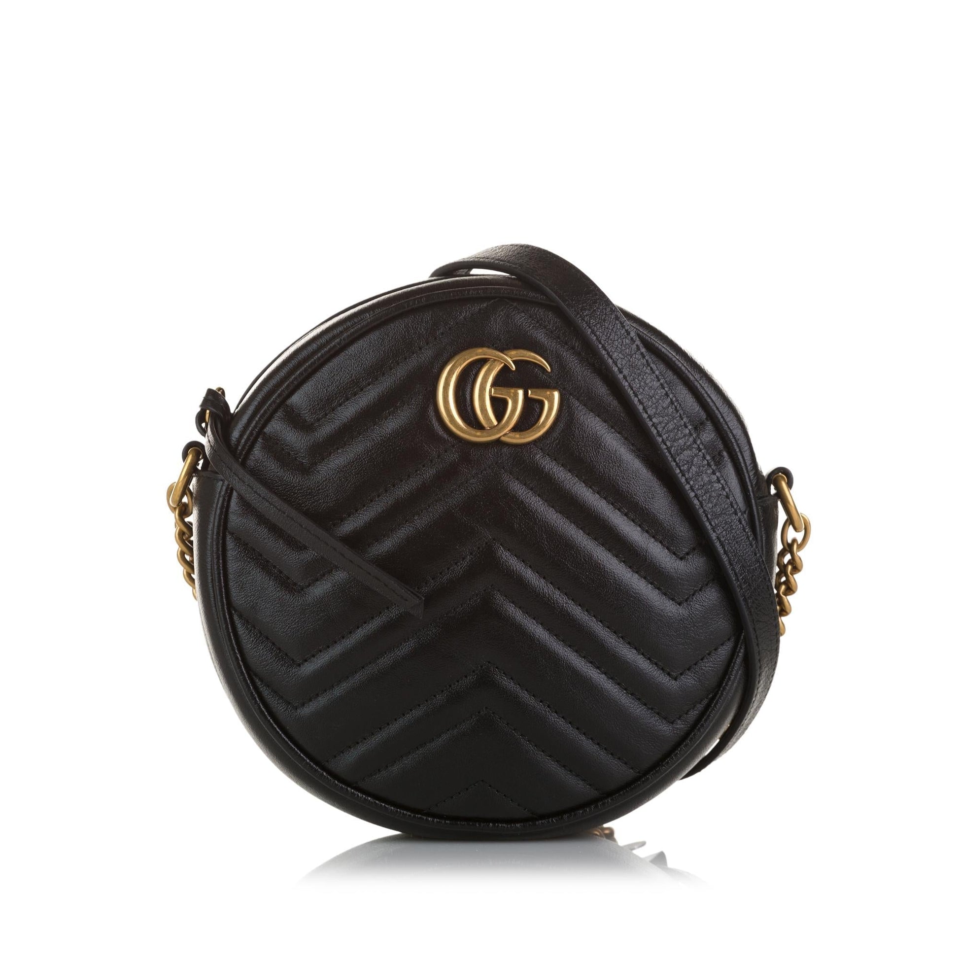 Gucci GG Marmont Round SHG-O8pIle Matelasse Calf Black Mini Crossbody Bag