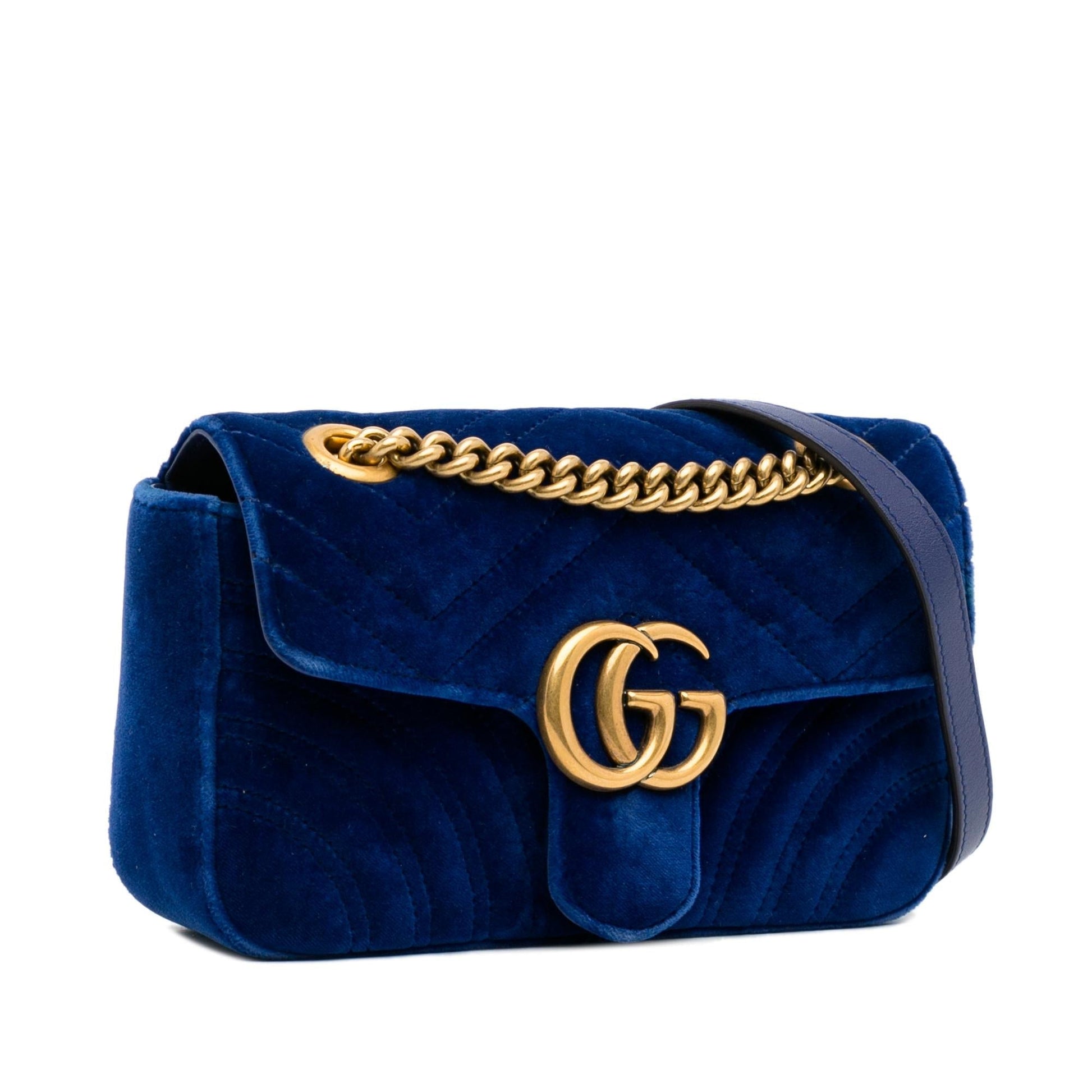 Gucci GG Marmont Velvet SHG-pu0QJn Matelasse Blue Mini Crossbody Bag