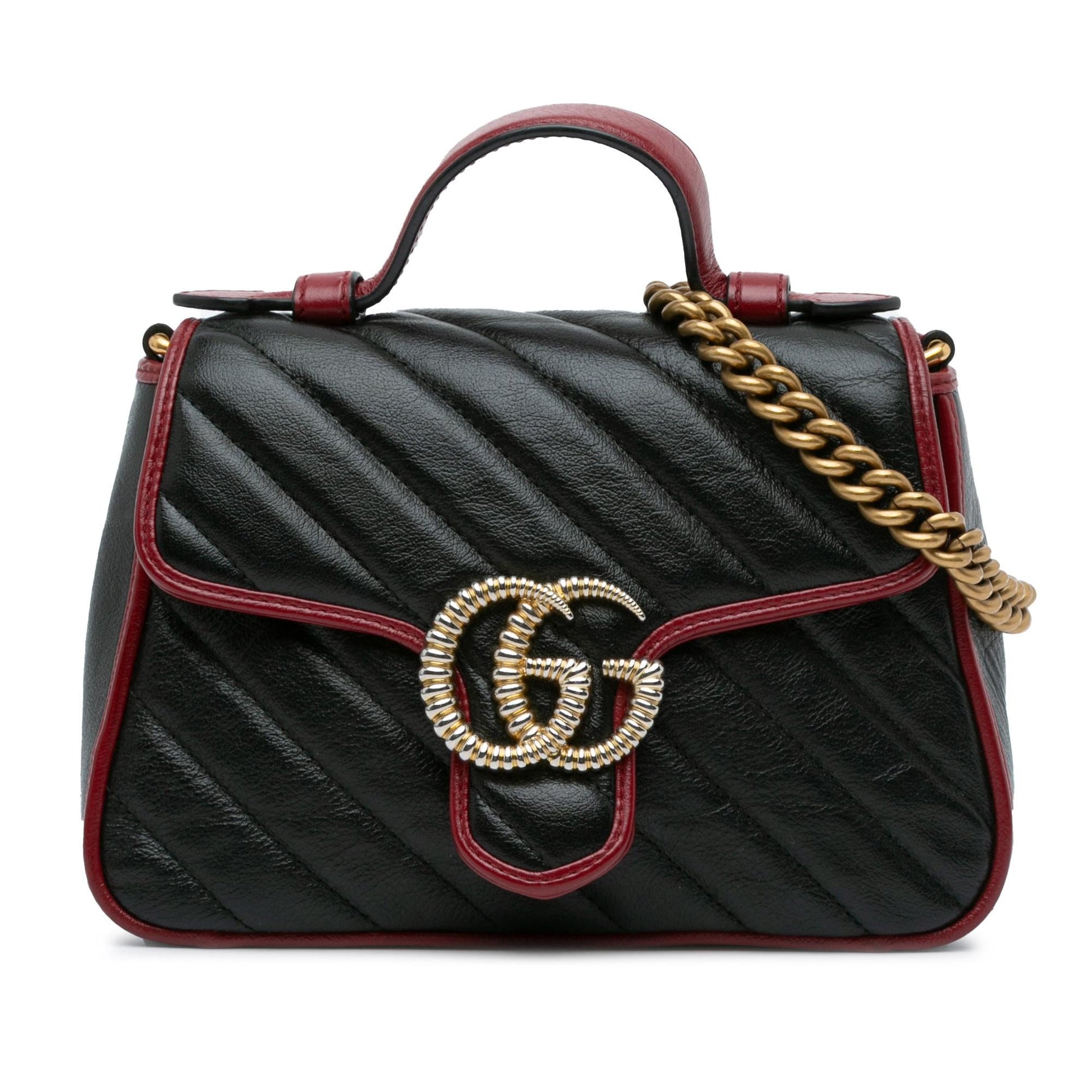 Gucci GG Marmont Torchon Top Handle Calf Black Red Mini Satchel Bag
