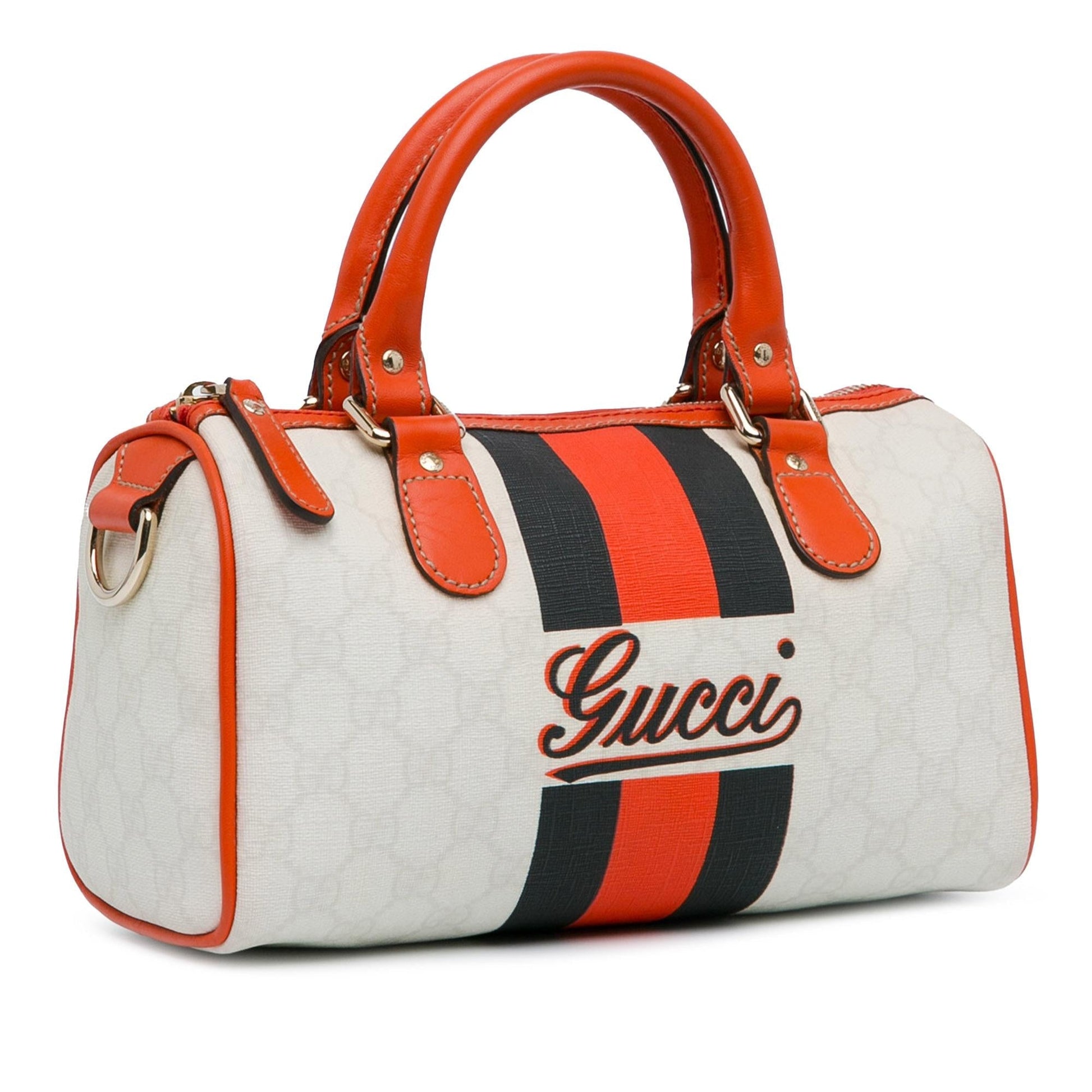 Gucci GG Supreme Joy Web Boston Canvas Calf White Orange Satchel Bag