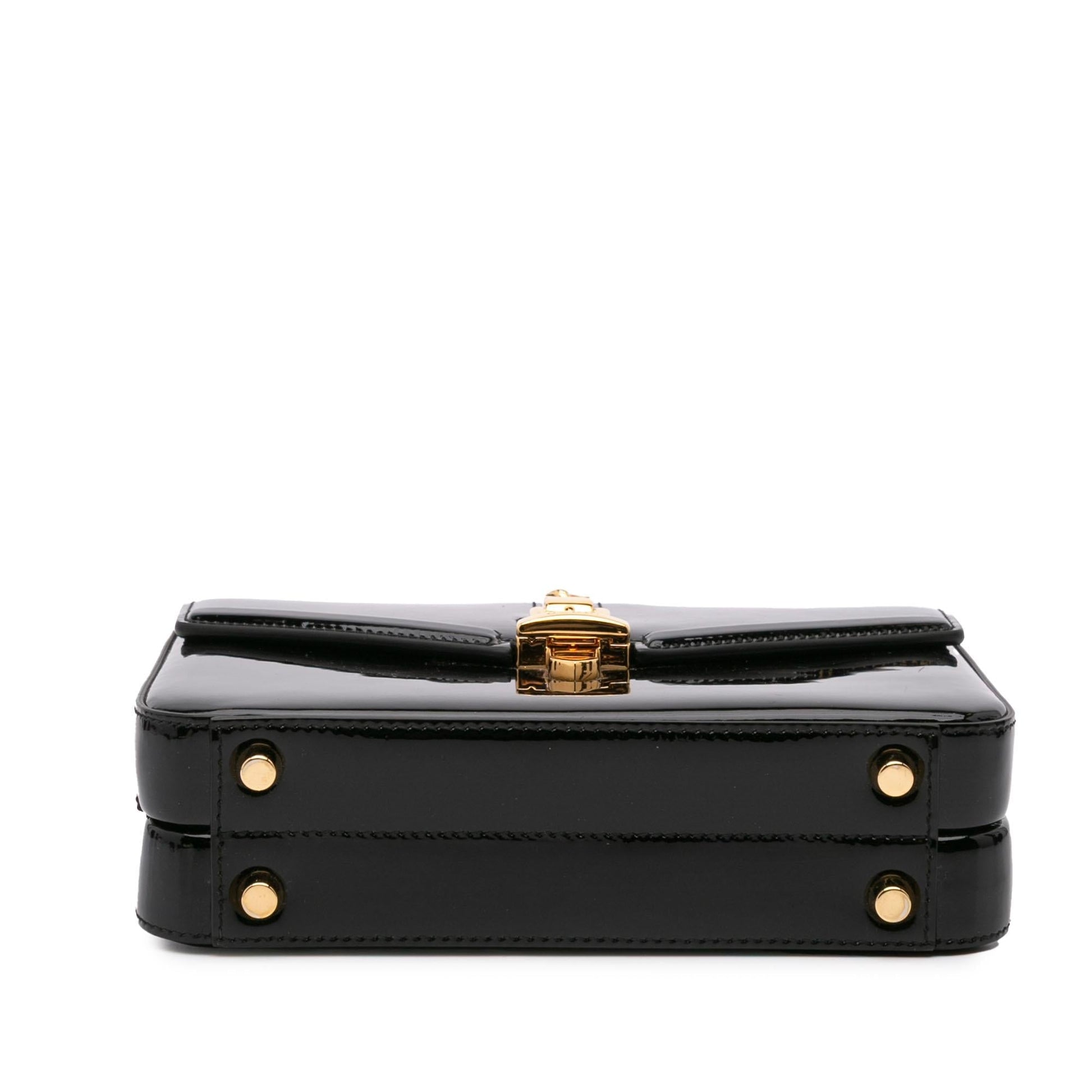 Gucci Sylvie Top Handle Leather Patent Black Mini Satchel Bag Handle Bag