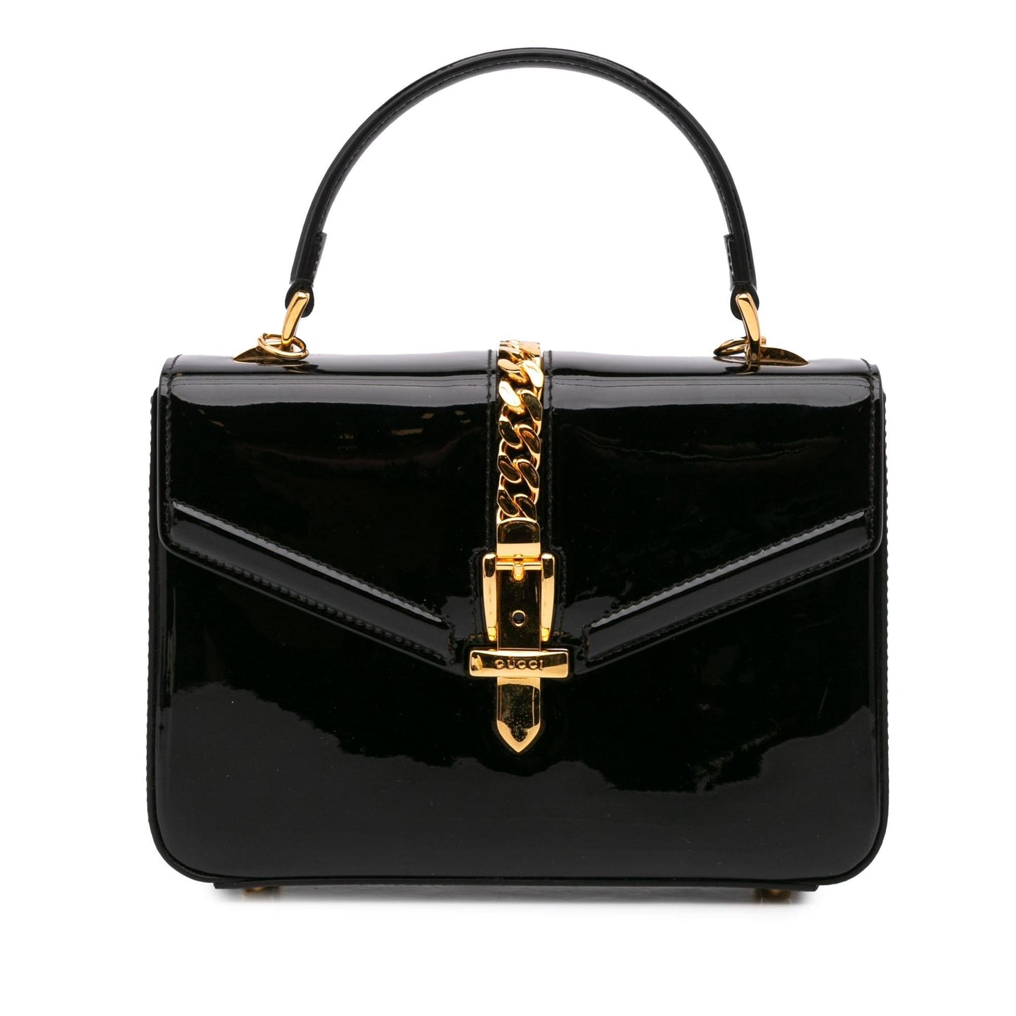 Gucci Sylvie Top Handle Leather Patent Black Mini Satchel Bag Handle Bag