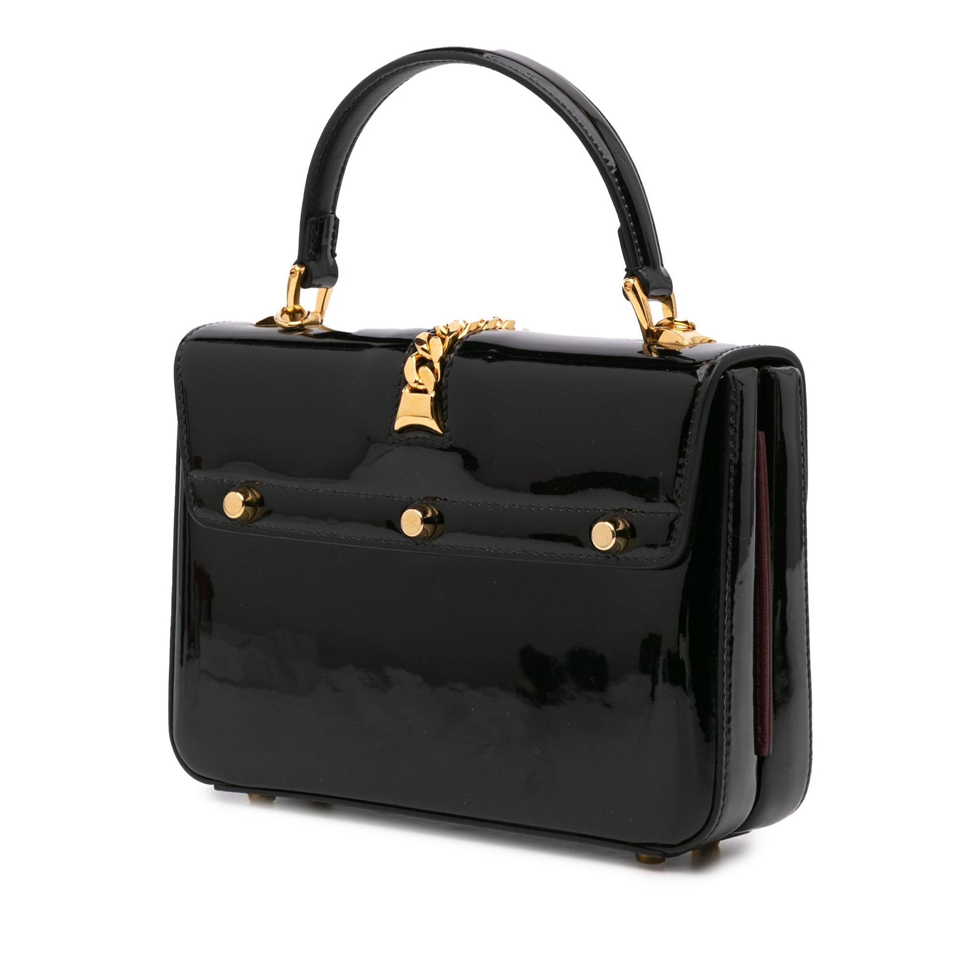 Gucci Sylvie Top Handle Leather Patent Black Mini Satchel Bag Handle Bag