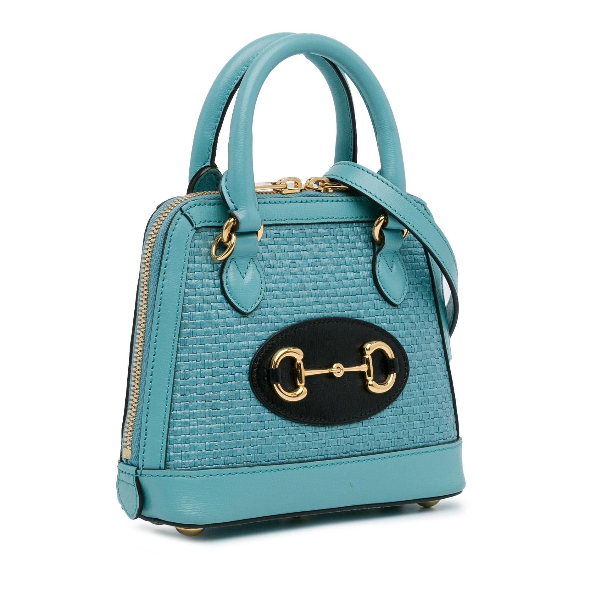 Gucci Horsebit Top Handle Raffia Calf Blue Mini Satchel Bag