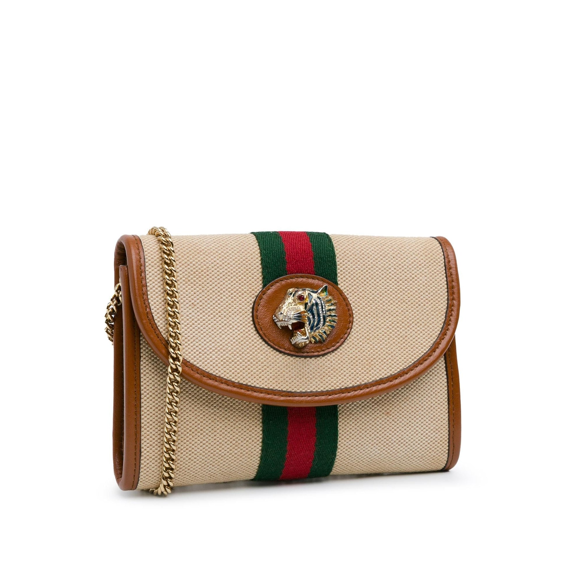 Gucci Rajah Web Chain Canvas Calf Brown Mini Crossbody Bag