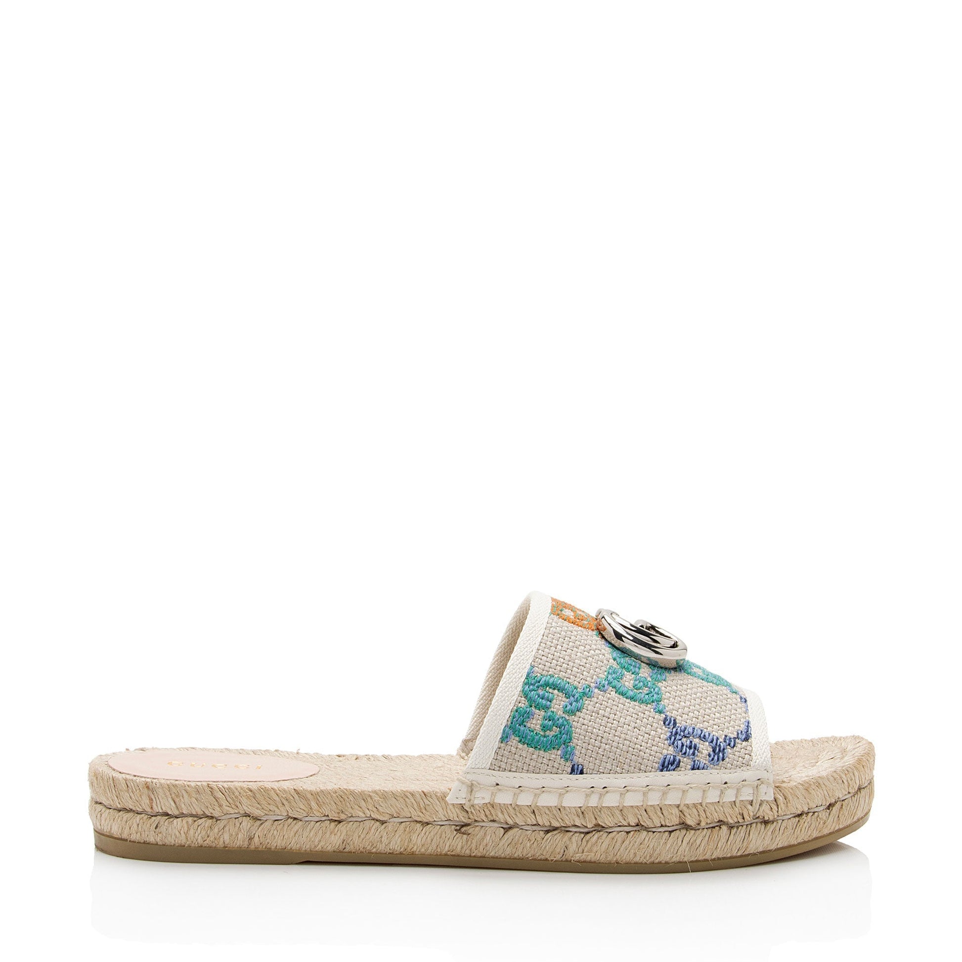 Gucci Multicolor GG Espadrille Slides - Leather Canvas Raffia White Shoes