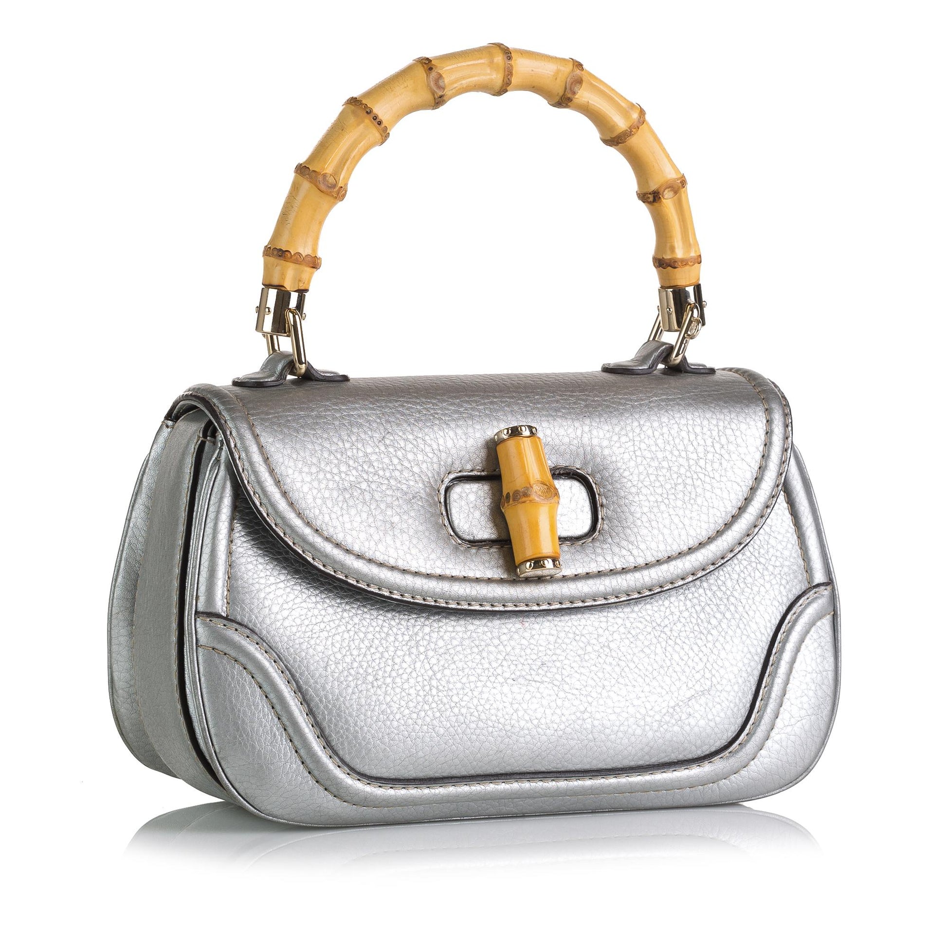 Gucci New Bamboo SHG Leather Calf Silver Satchel Bag