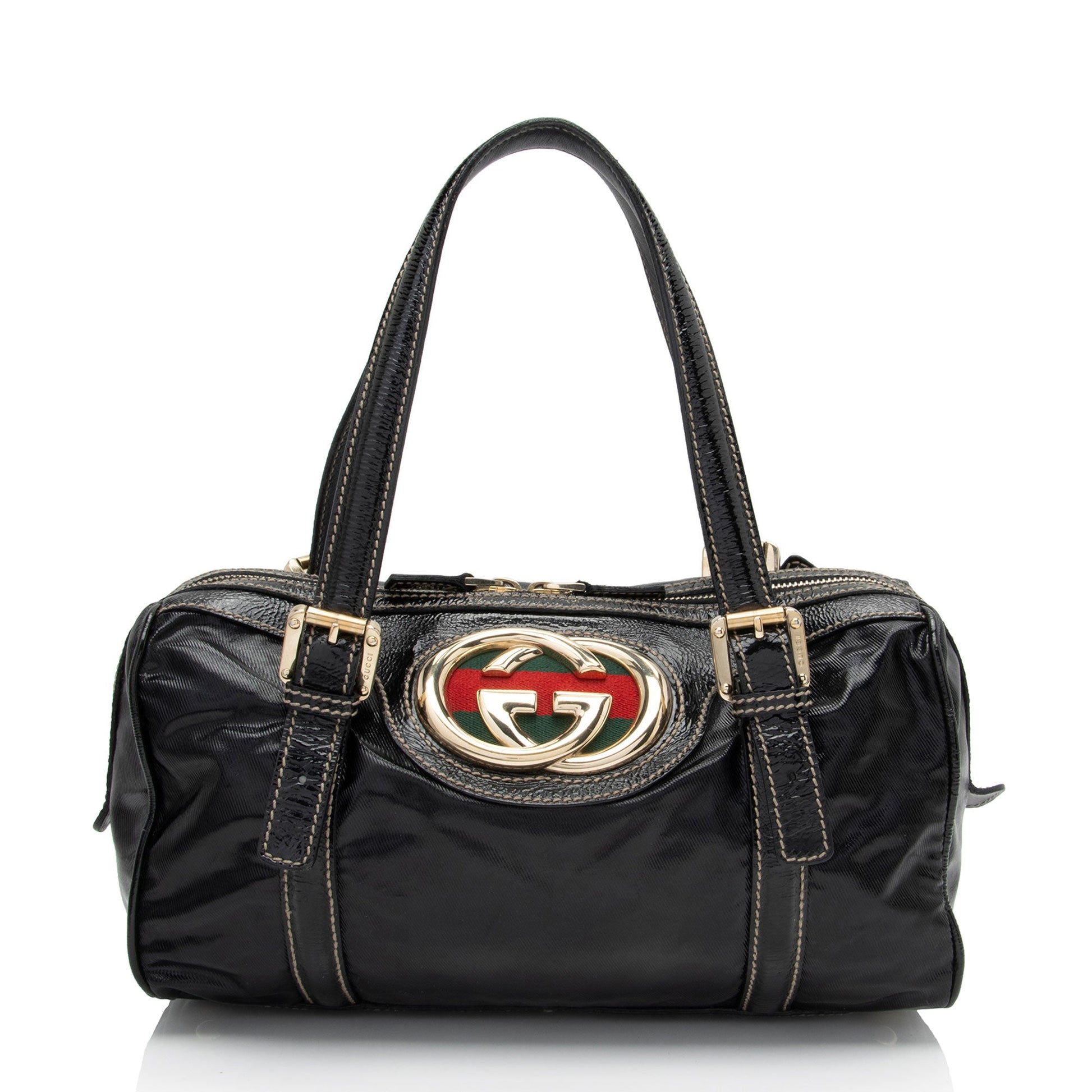 Gucci Britt Boston Leather Canvas Nylon Patent Satchel Bag