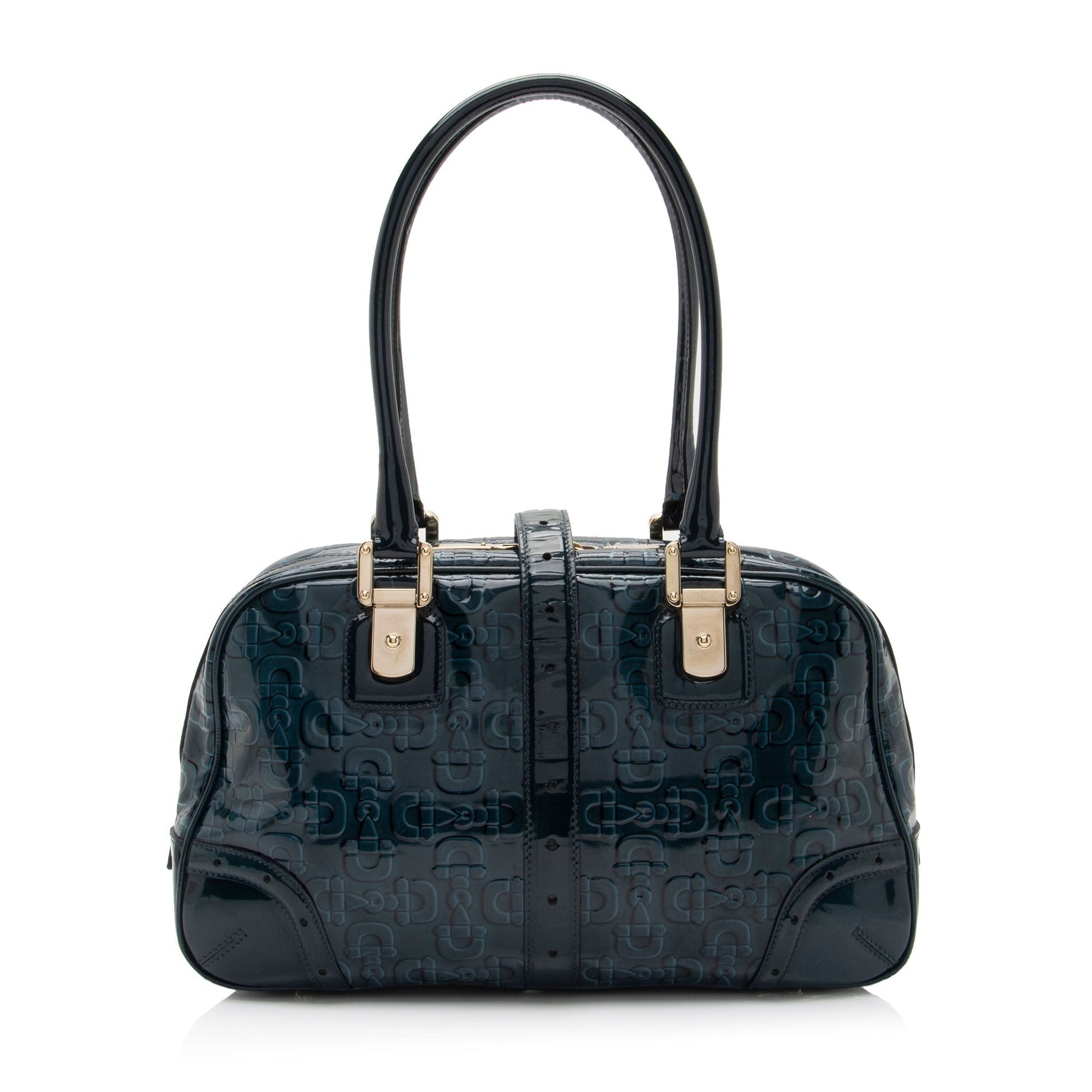 Gucci Embossed Horsebit Leather Patent Blue Satchel Bag