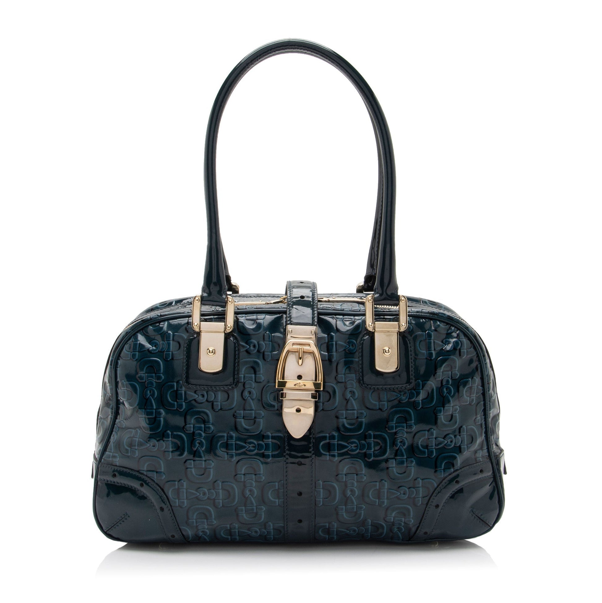 Gucci Embossed Horsebit Leather Patent Blue Satchel Bag