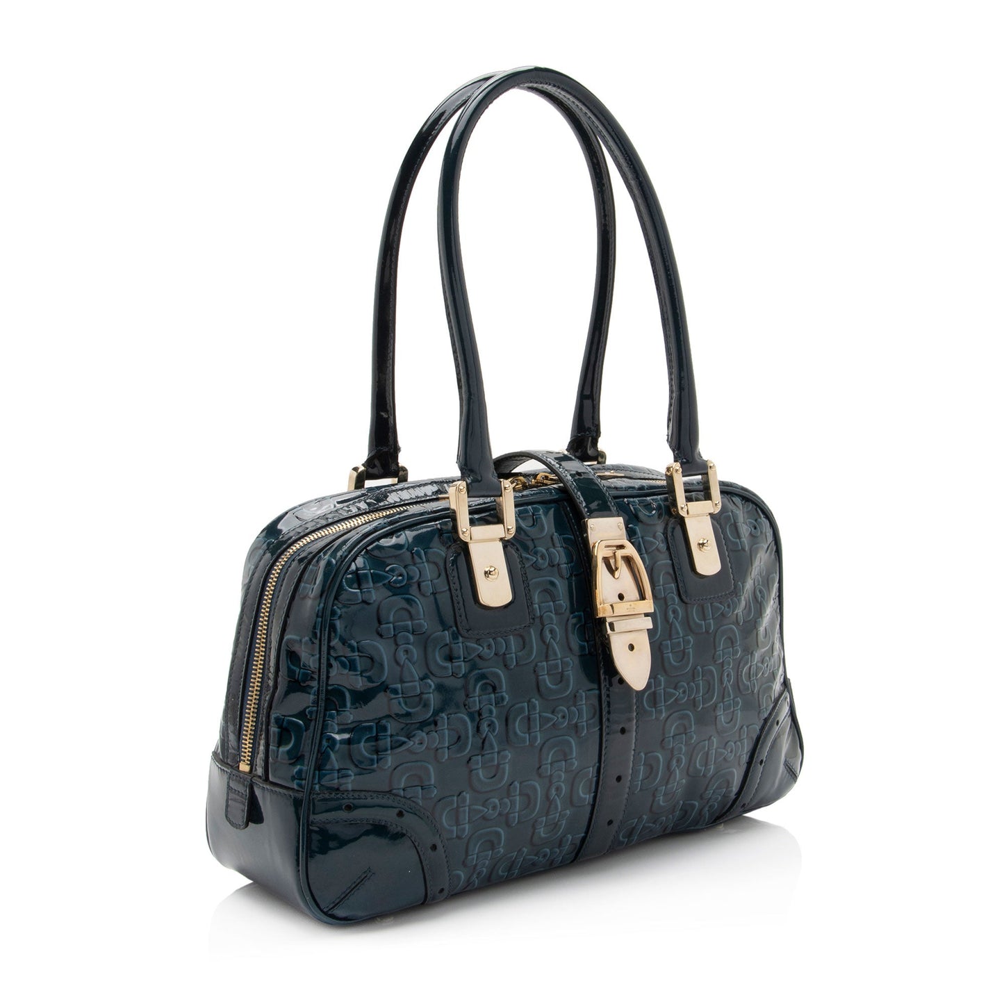 Gucci Embossed Horsebit Leather Patent Blue Satchel Bag