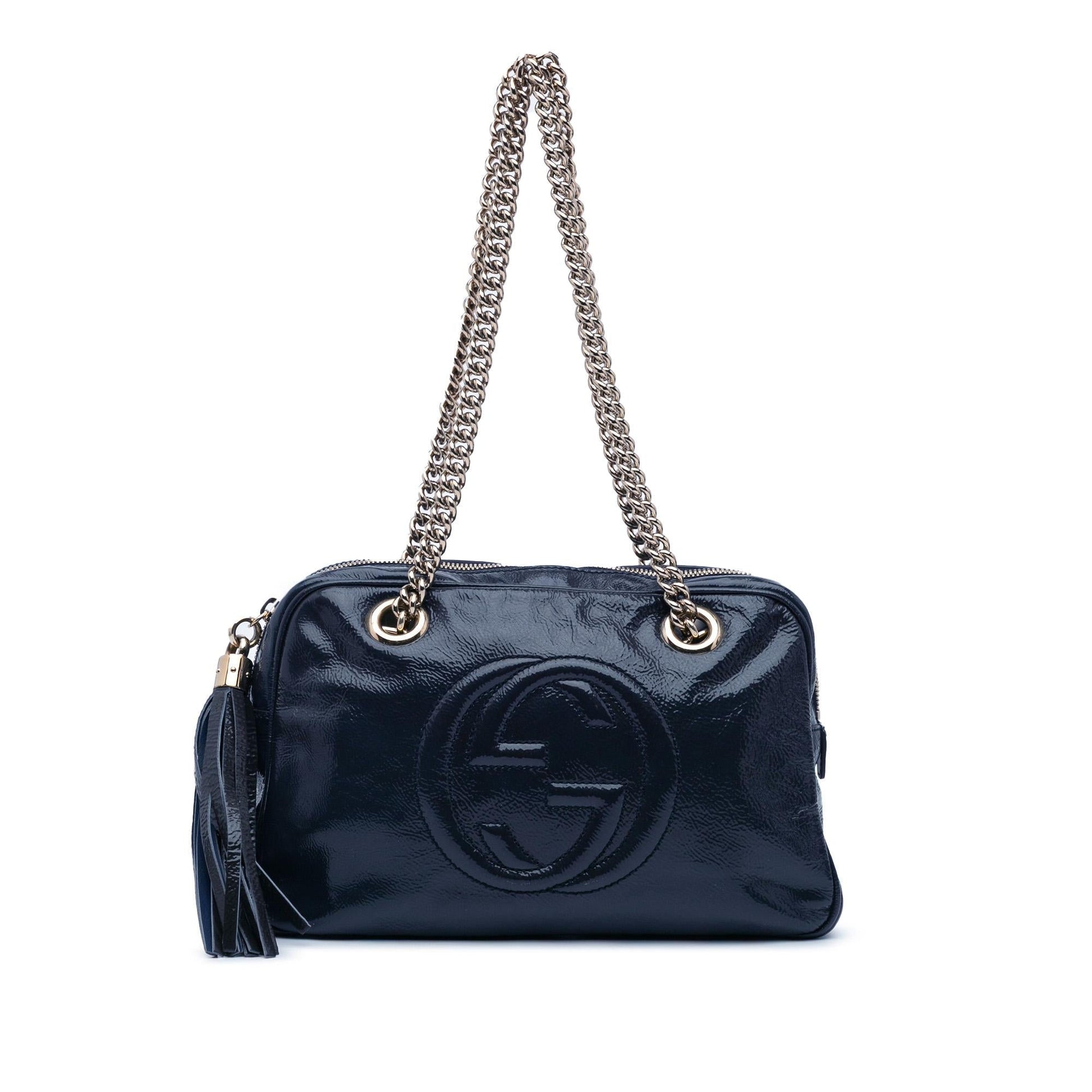 Gucci Soho Zip Leather Patent Blue Chain Shoulder Bag