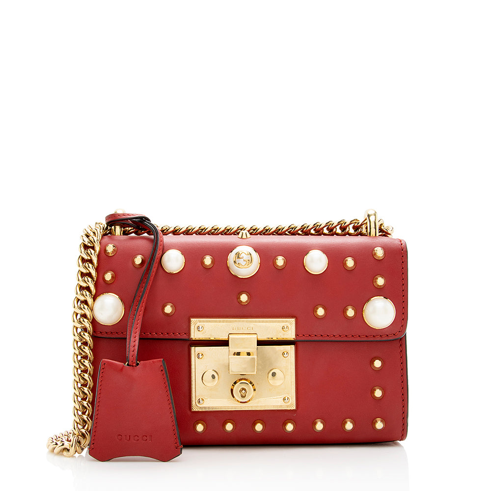 Gucci Pearl Embellished Padlock - FINAL Leather Red Small Crossbody Bag