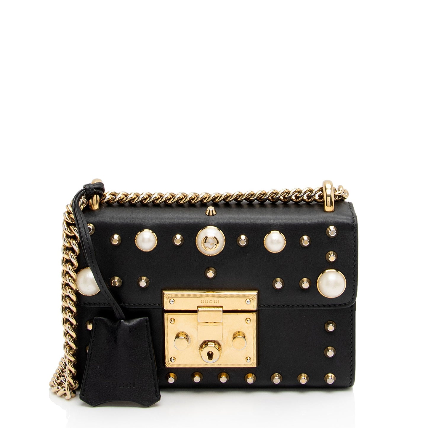 Gucci Pearl Embellished Padlock SHF-aixUmI Leather Black Small Crossbody Bag