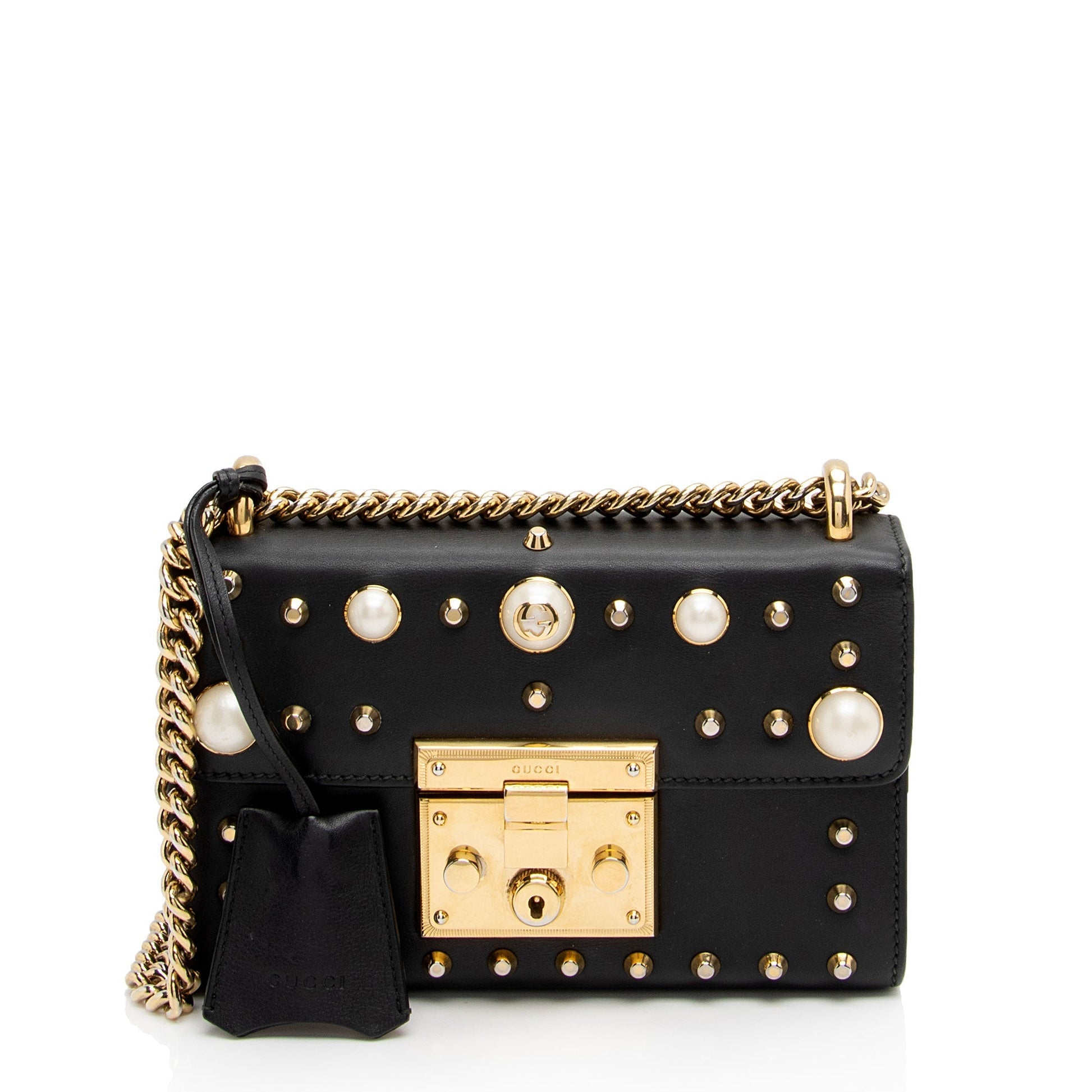 Gucci Pearl Embellished Padlock SHF-aixUmI Leather Black Small Crossbody Bag