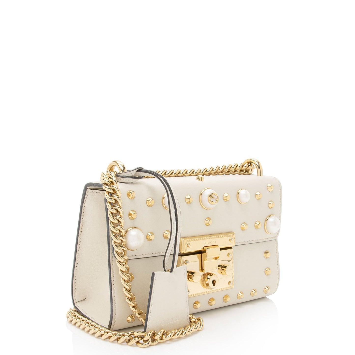 Gucci Pearl Embellished Padlock SHF-2JmpQy Leather Beige Small Shoulder Bag