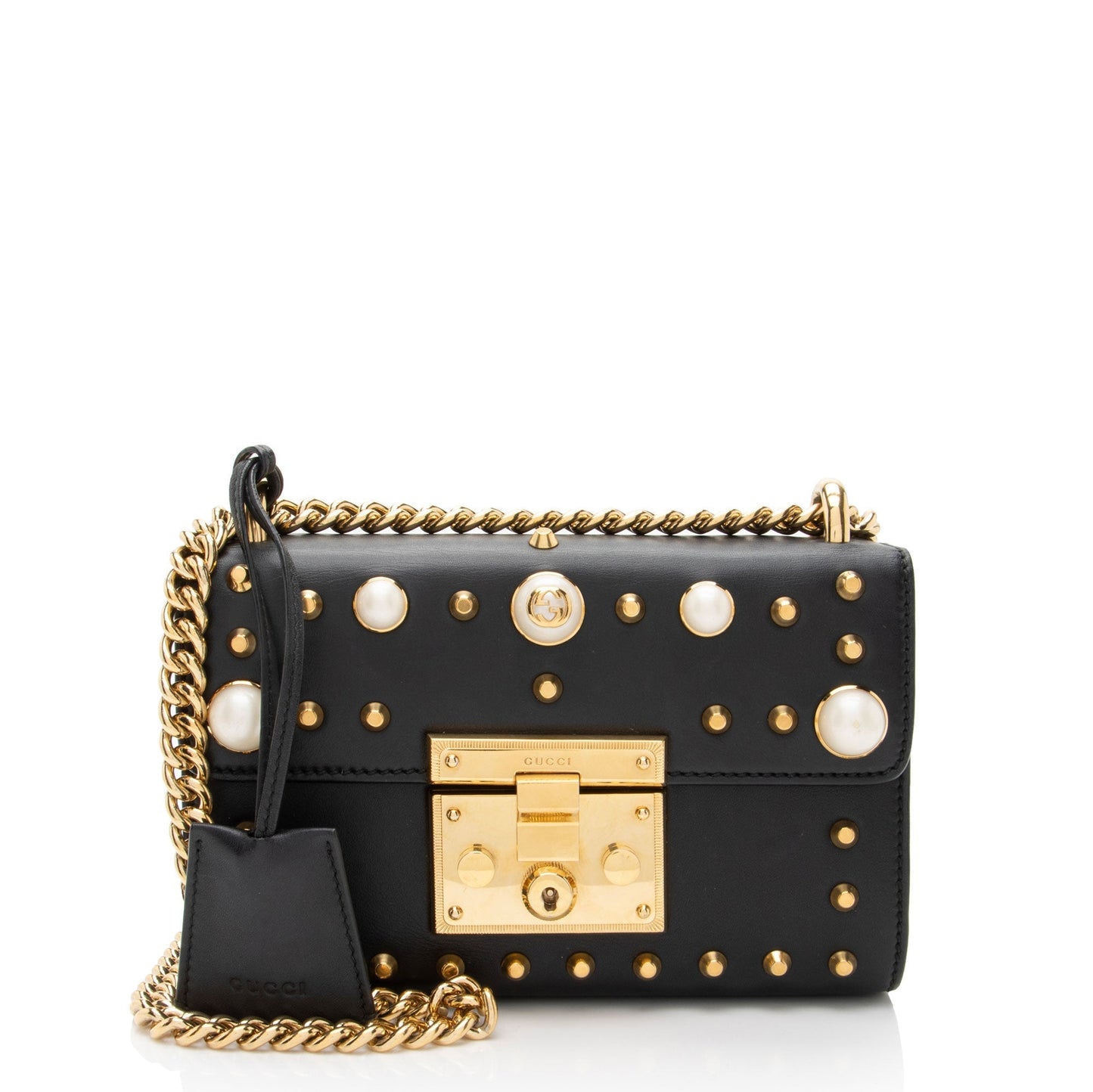 Gucci Pearl Embellished Padlock Leather Black Small Crossbody Bag